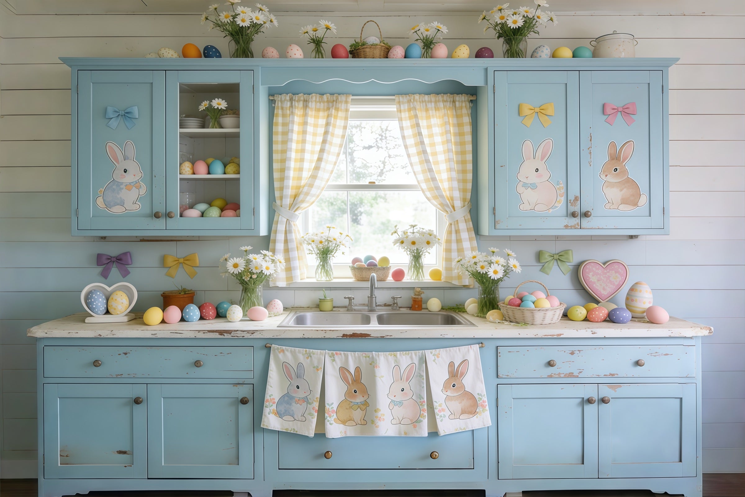 Easter Cute Backdrop Blue Cabinet Bunny Eggs Daisies Photography Backdrops Easter UK CSH61-90