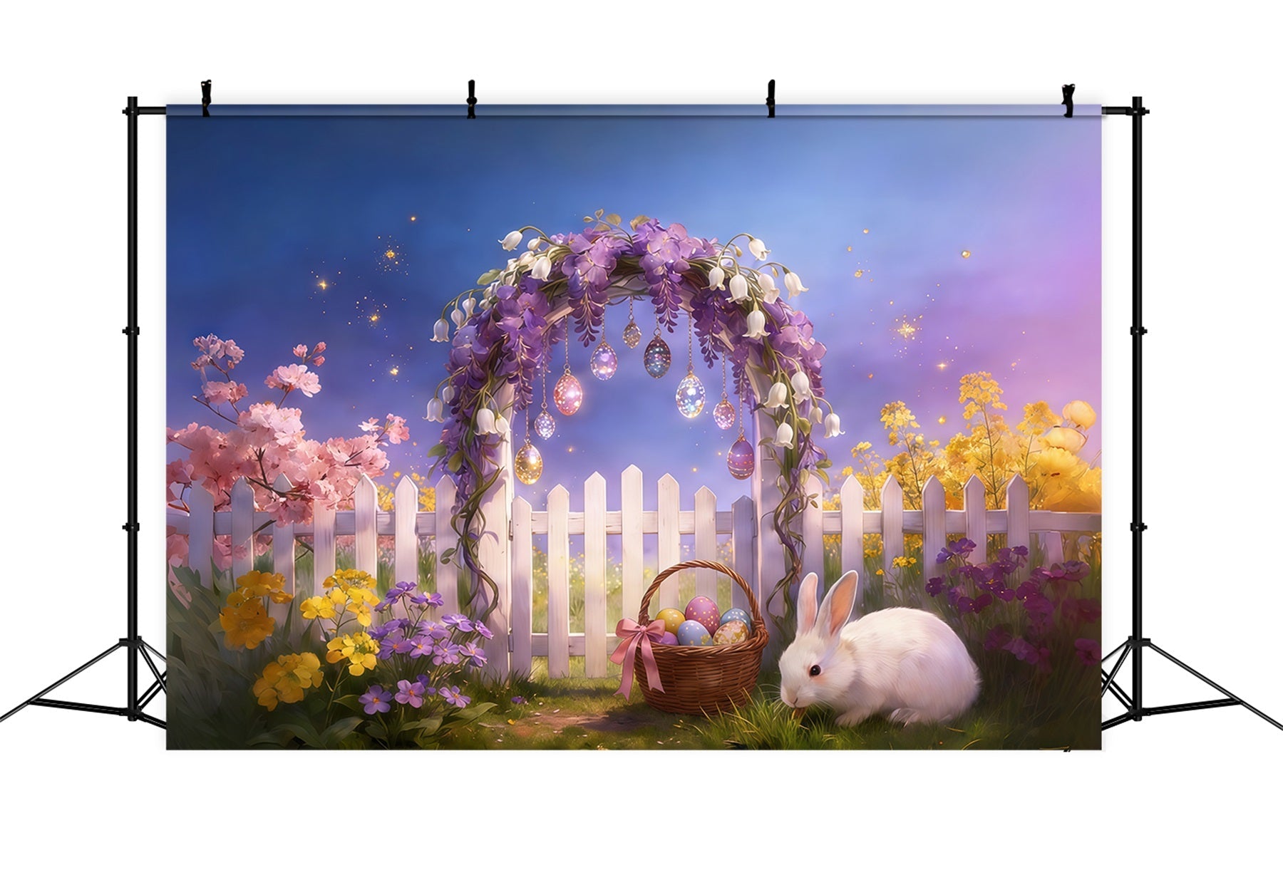Easter Fairytale Backdrop Flower Arch Fence Eggs Hanging Bunny Easter Party Backdrop UK CSH61-92