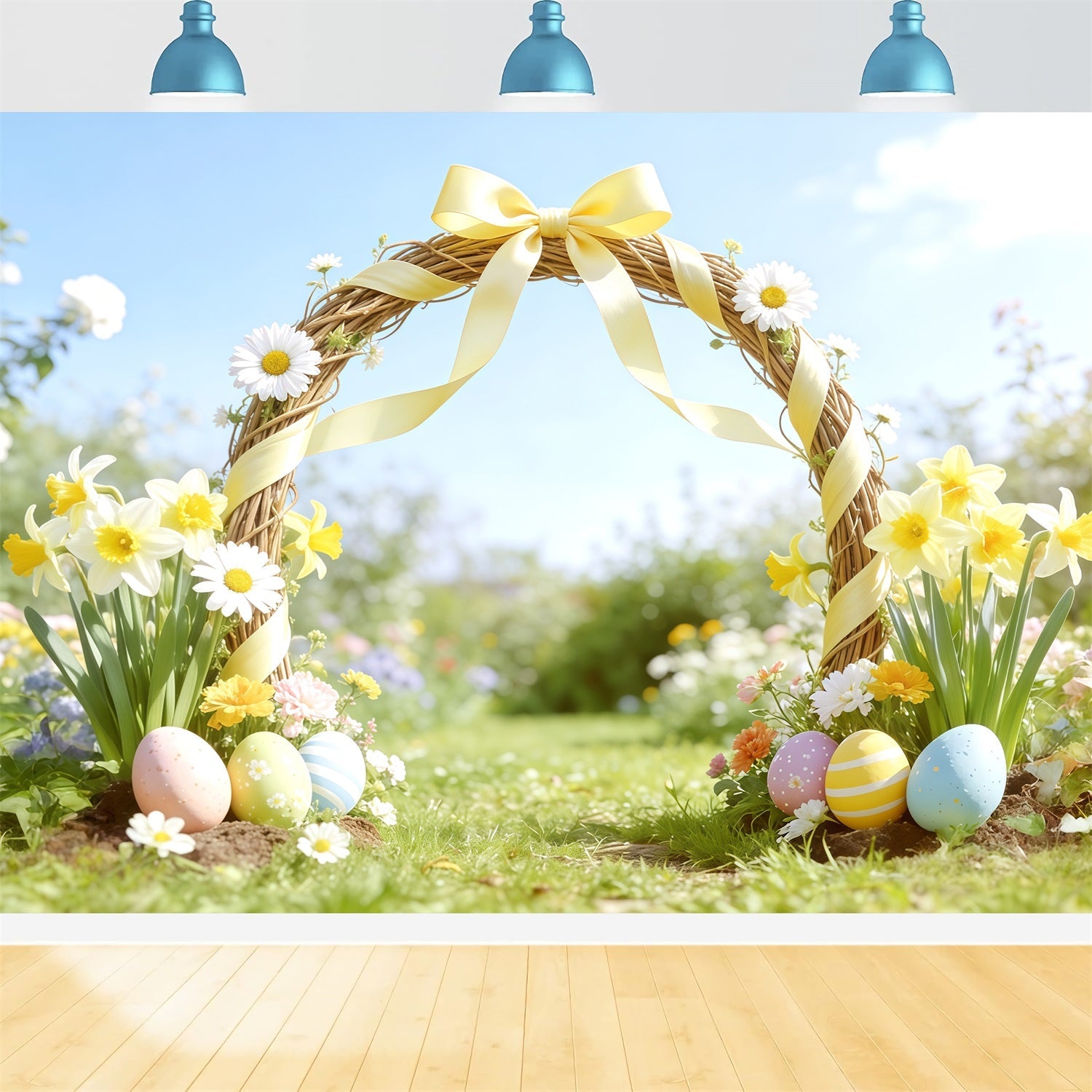 Easter Spring Garden Arch Backdrop Yellow Bow Daffodil,l Arch Happy Easter Photo Backdrop UK CSH62-101