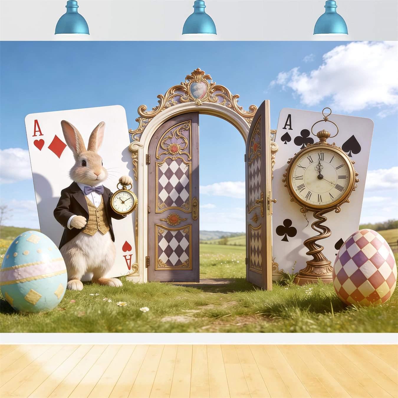 Easter Blue Sky Backdrop Wonderland Bunny Clock Door Photography Backdrops Easter UK CSH62-105