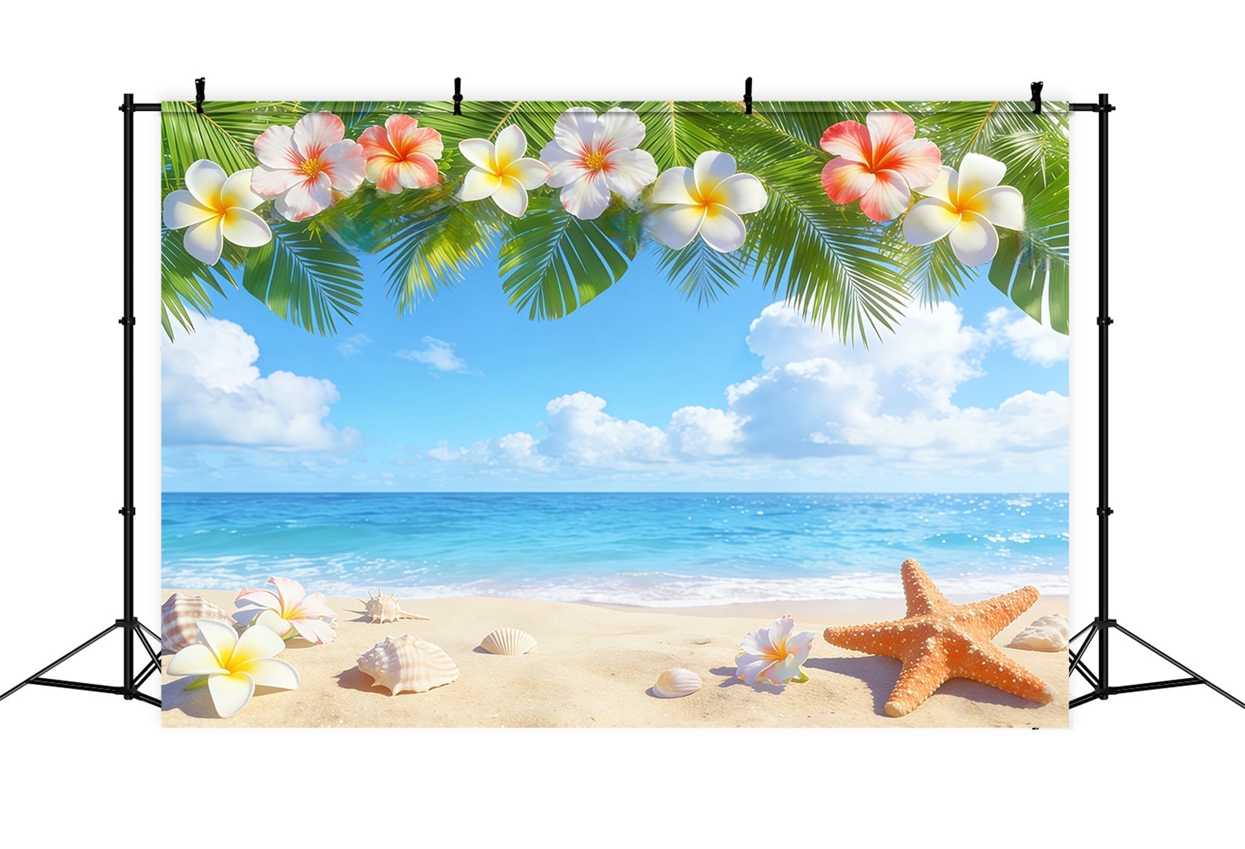 Blue Sky Backdrop Tropical Plumeria Beach Shells Summer Photo Backdrop UK CSH62-127