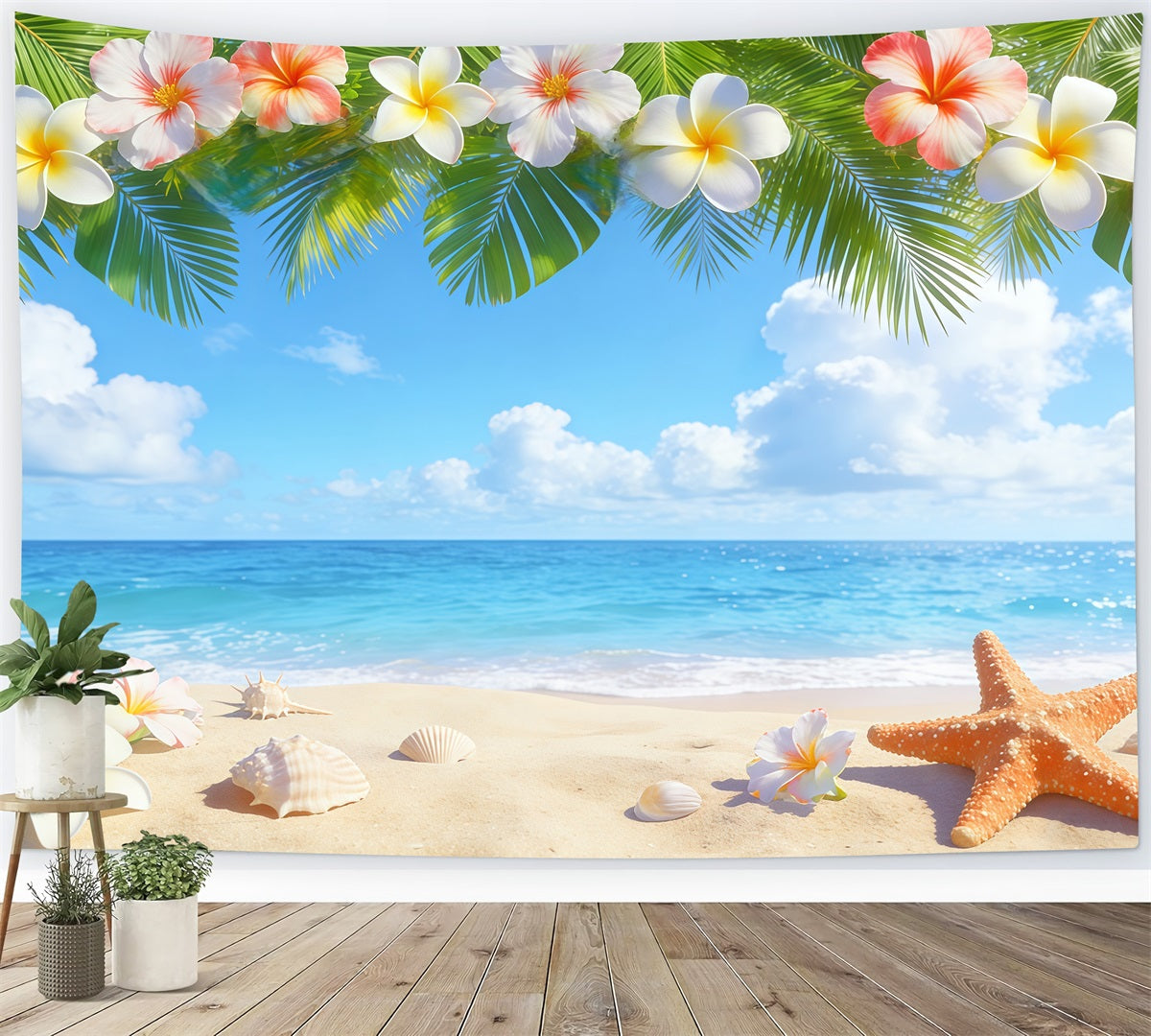 Blue Sky Backdrop Tropical Plumeria Beach Shells Summer Photo Backdrop UK CSH62-127