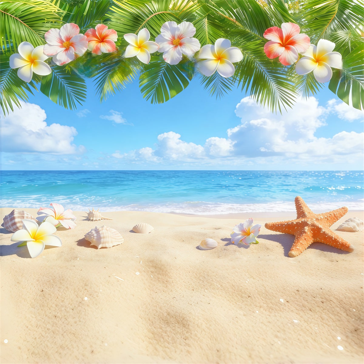 Blue Sky Backdrop Tropical Plumeria Beach Shells Summer Photo Backdrop UK CSH62-127