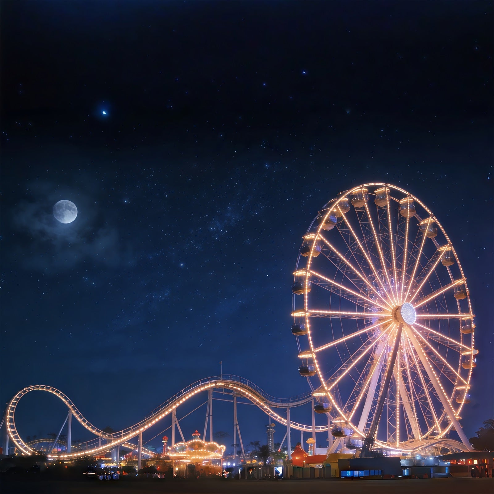Night Sky Photo Backdrop Moonlit Ferris Wheel Amusement Starry Sky Backdrop UK CSH62-129
