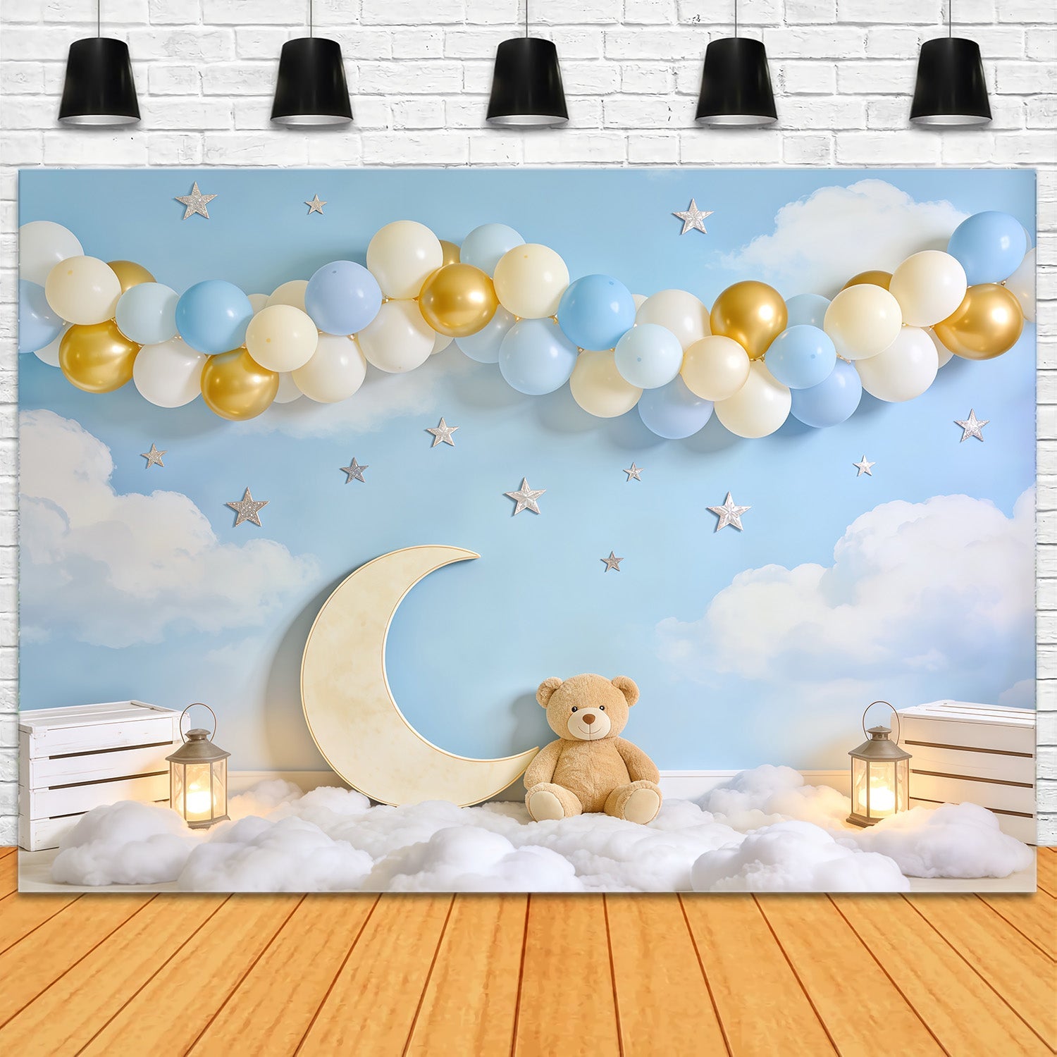 Sky Clouds Backdrop Moon Teddy Bear Balloon Arch Newborn Backdrop UK CSH62-140