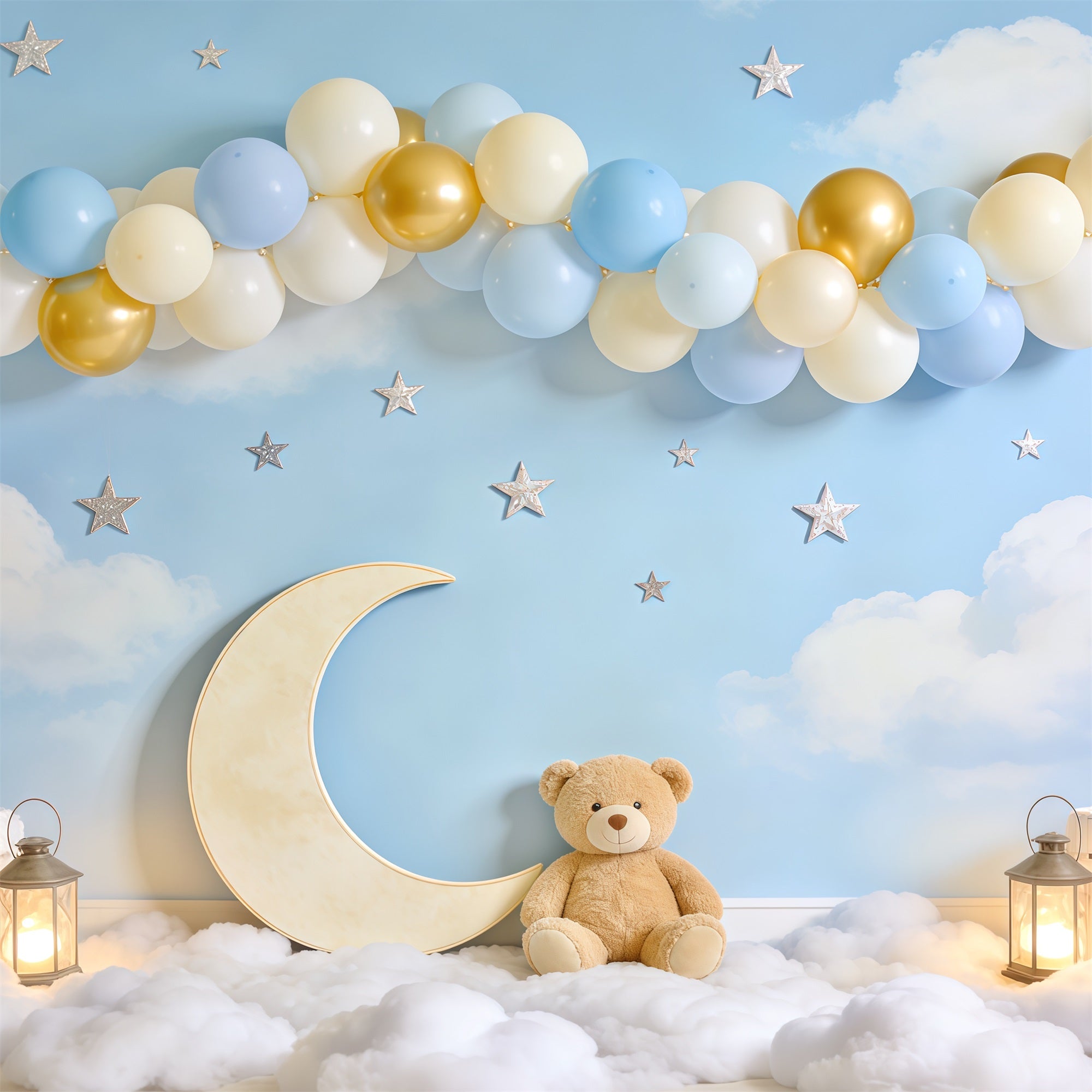 Sky Clouds Backdrop Moon Teddy Bear Balloon Arch Newborn Backdrop UK CSH62-140