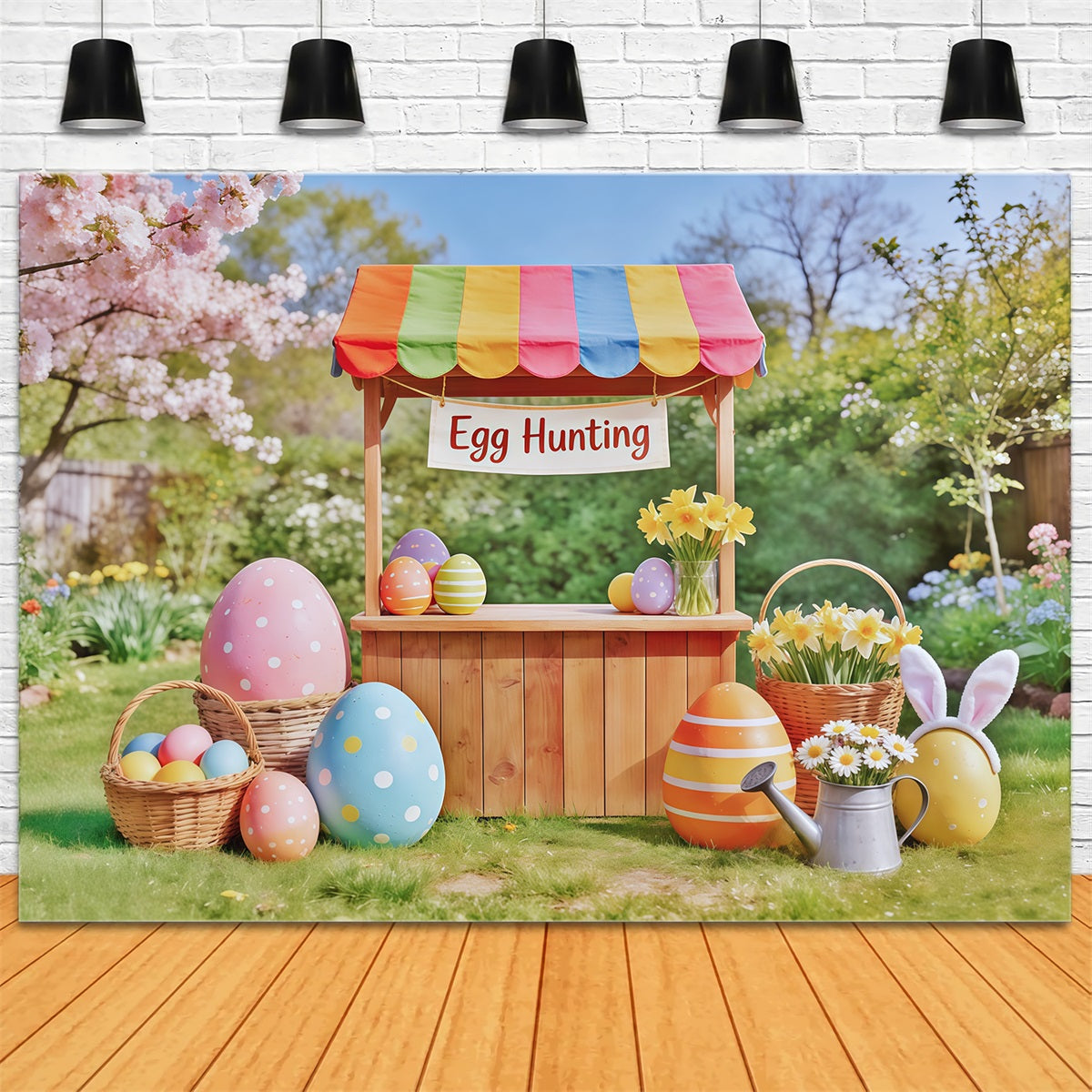 Egg Hunt Backdrop Wooden Cart Cherry Blossom Backdrop Ideas For Easter UK CSH62-67