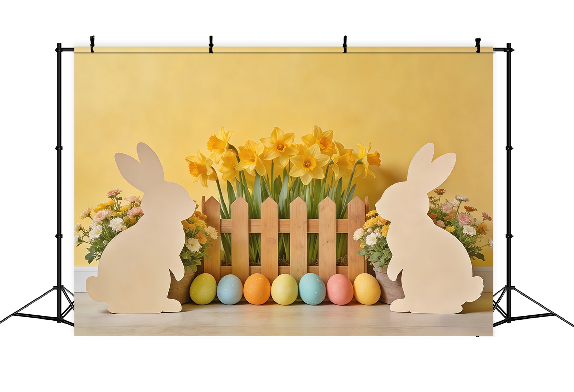 Easter Bunny Silhouette Backdrop Daffodil,l Eggs Wooden Fence Photography Easter Backdrop Ideas UK CSH62-73