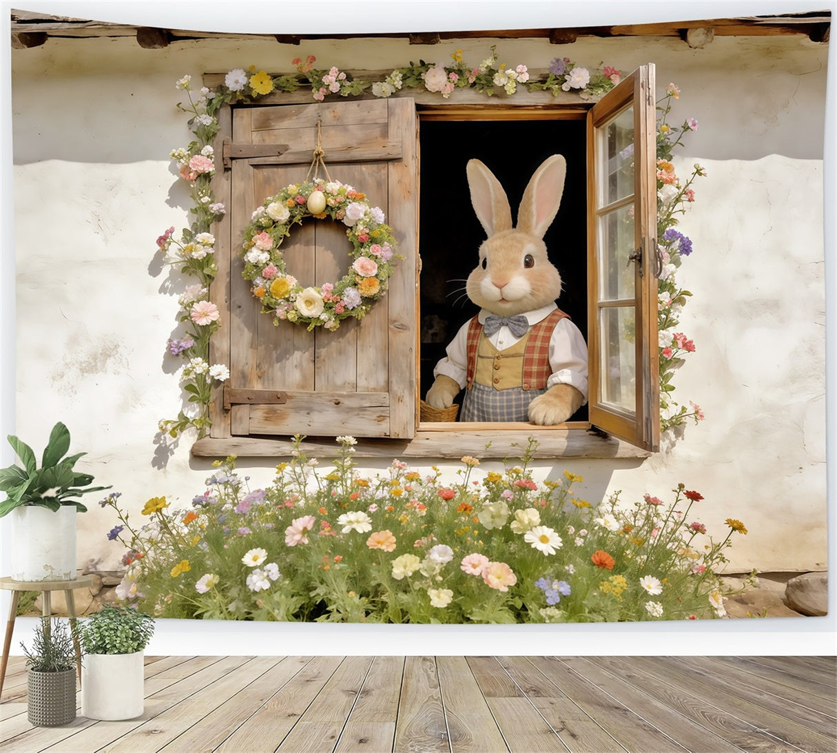 Easter Rabbit Backdrop Bunny Window Floral Wreath Easter Play Backdrops UK CSH62-74