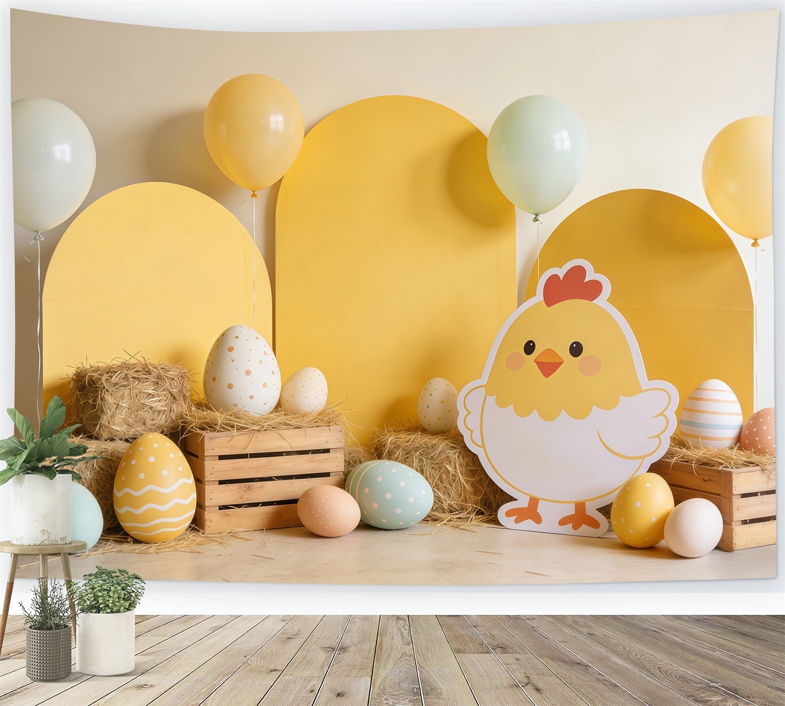 Easter Baby Chick Backdrop Hay Eggs Balloon Decor Large Easter Backdrop UK CSH62-75