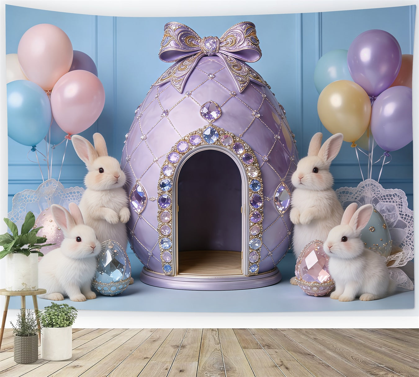 Easter Pastel Balloons Backdrop Jeweled Egg House Bunny My First Easter Backdrop UK CSH62-85