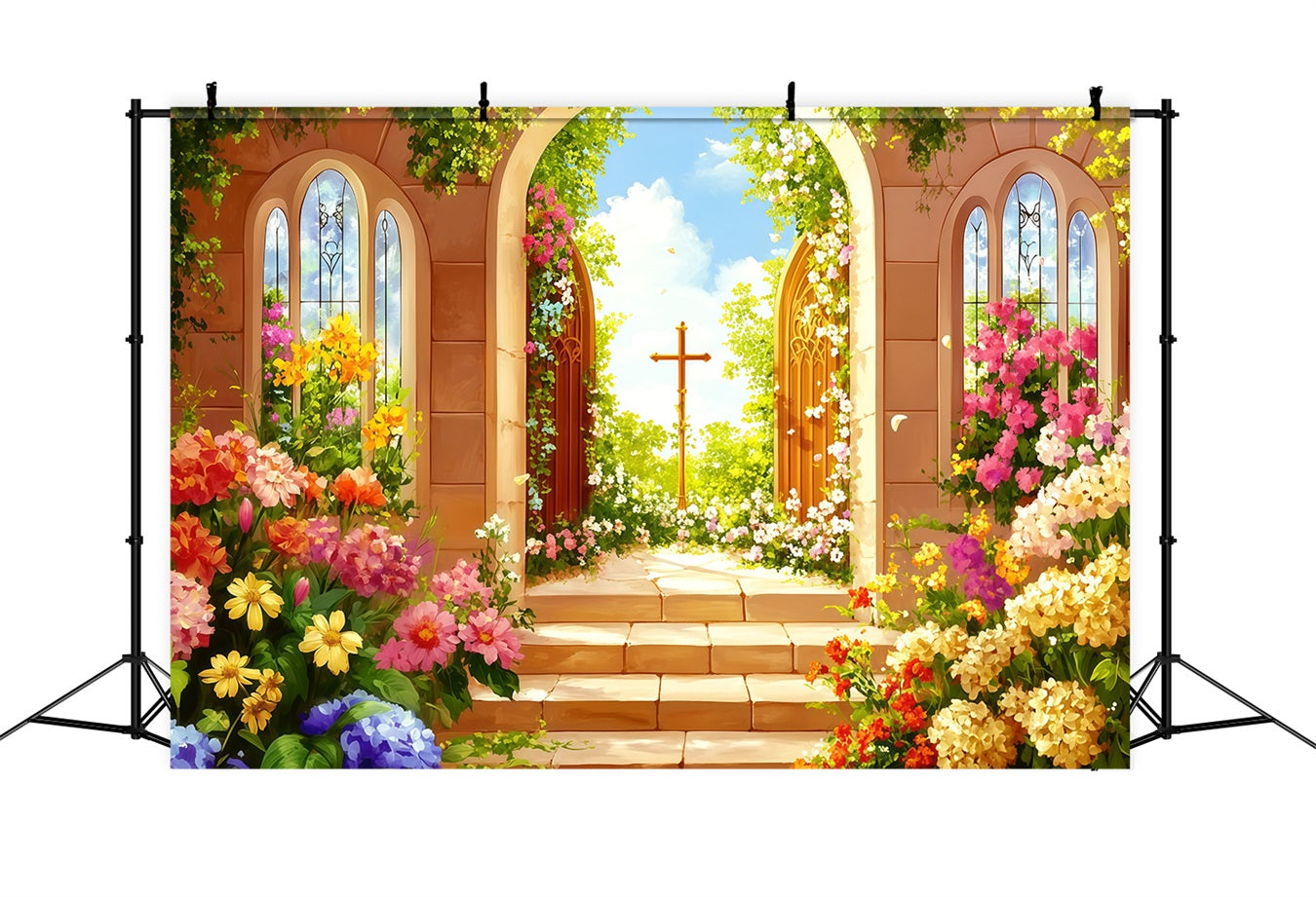 Easter Religious Backdrop Garden Doors Cross Blooms Easter Themed Backdrop UK CSH62-99