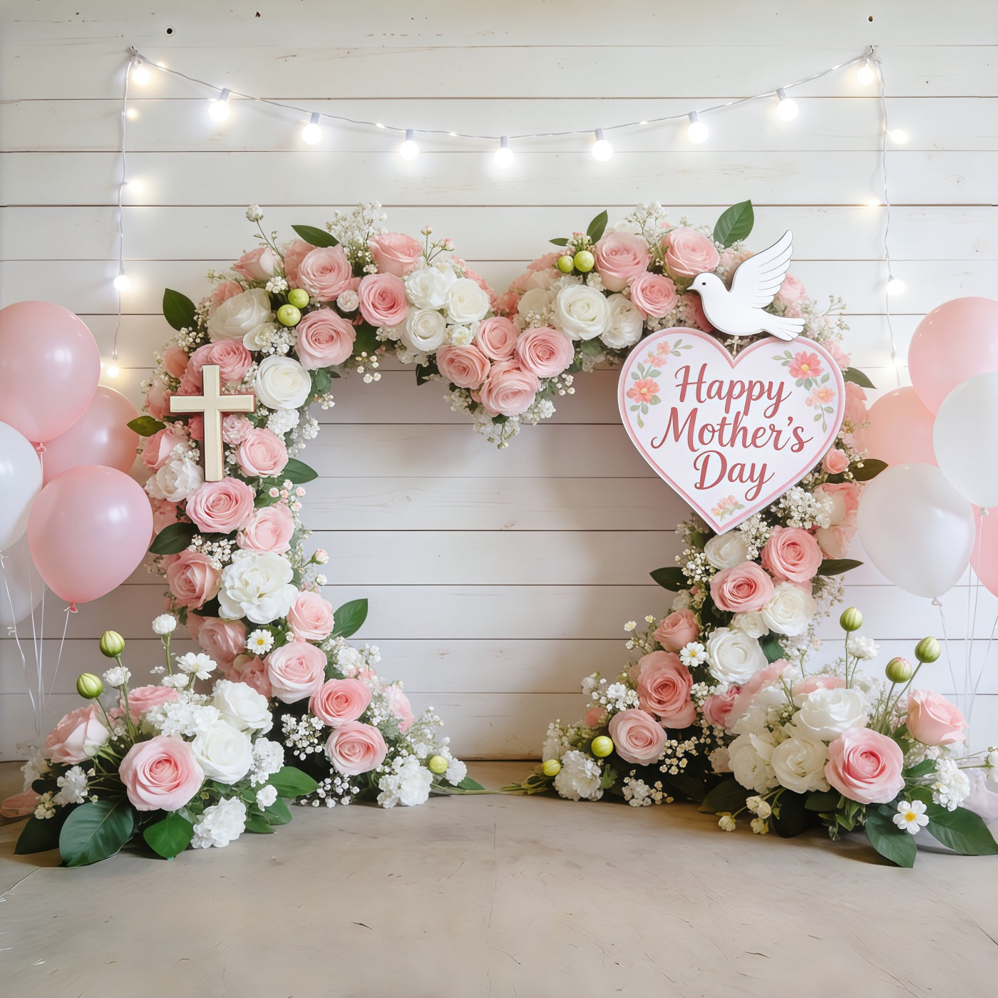 Mothers Day Church Backdrop Blush Rose Balloon Heart Arch Mother's Day Backdrop Design UK CSH63-101