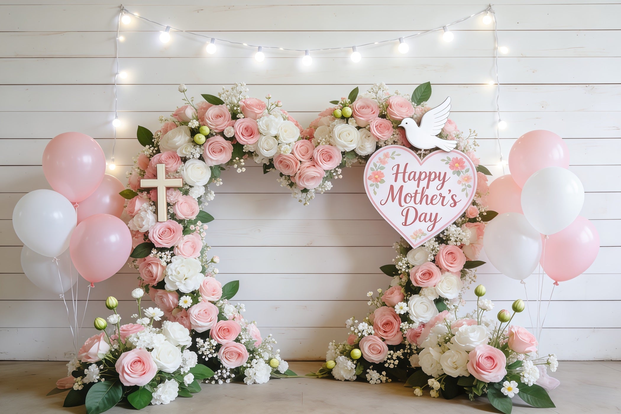 Mothers Day Church Backdrop Blush Rose Balloon Heart Arch Mother's Day Backdrop Design UK CSH63-101