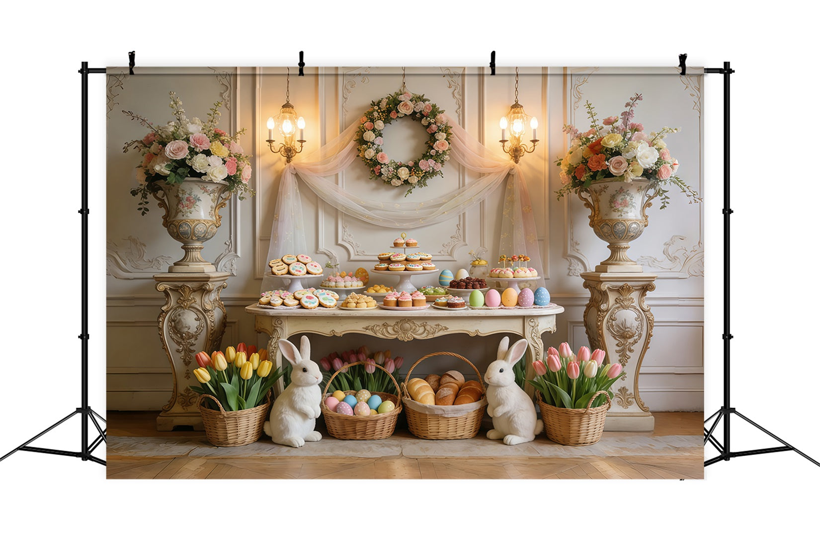 Easter Dessert Table Backdrop Elegant Tulip Floral Bunny Baskets Outdoor Easter Backdrop UK CSH63-27