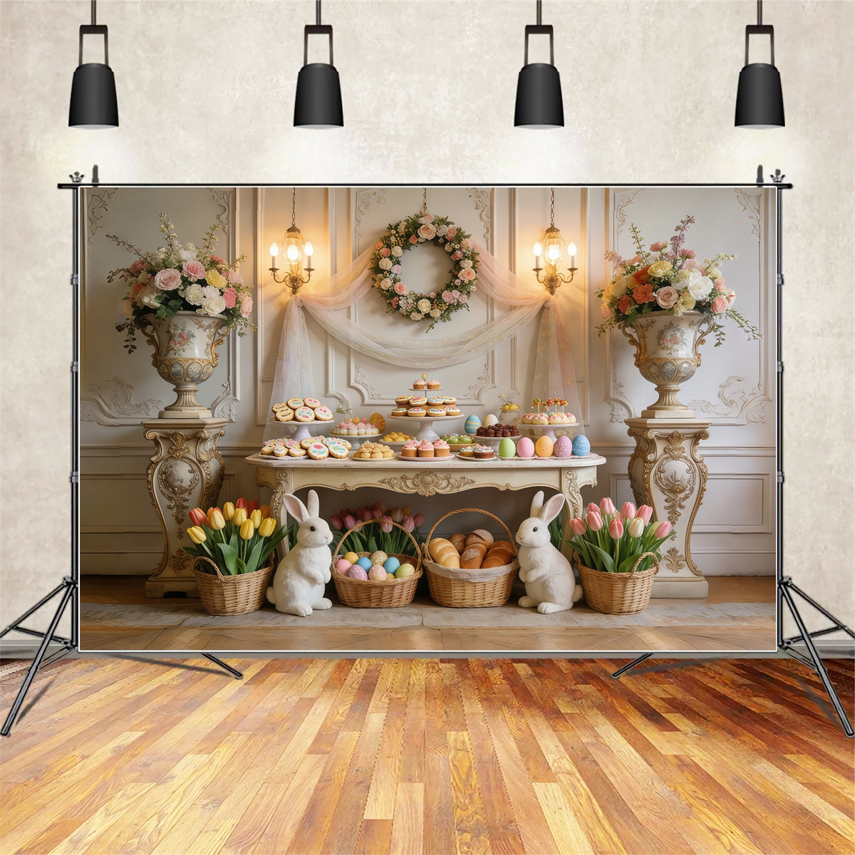Easter Dessert Table Backdrop Elegant Tulip Floral Bunny Baskets Outdoor Easter Backdrop UK CSH63-27
