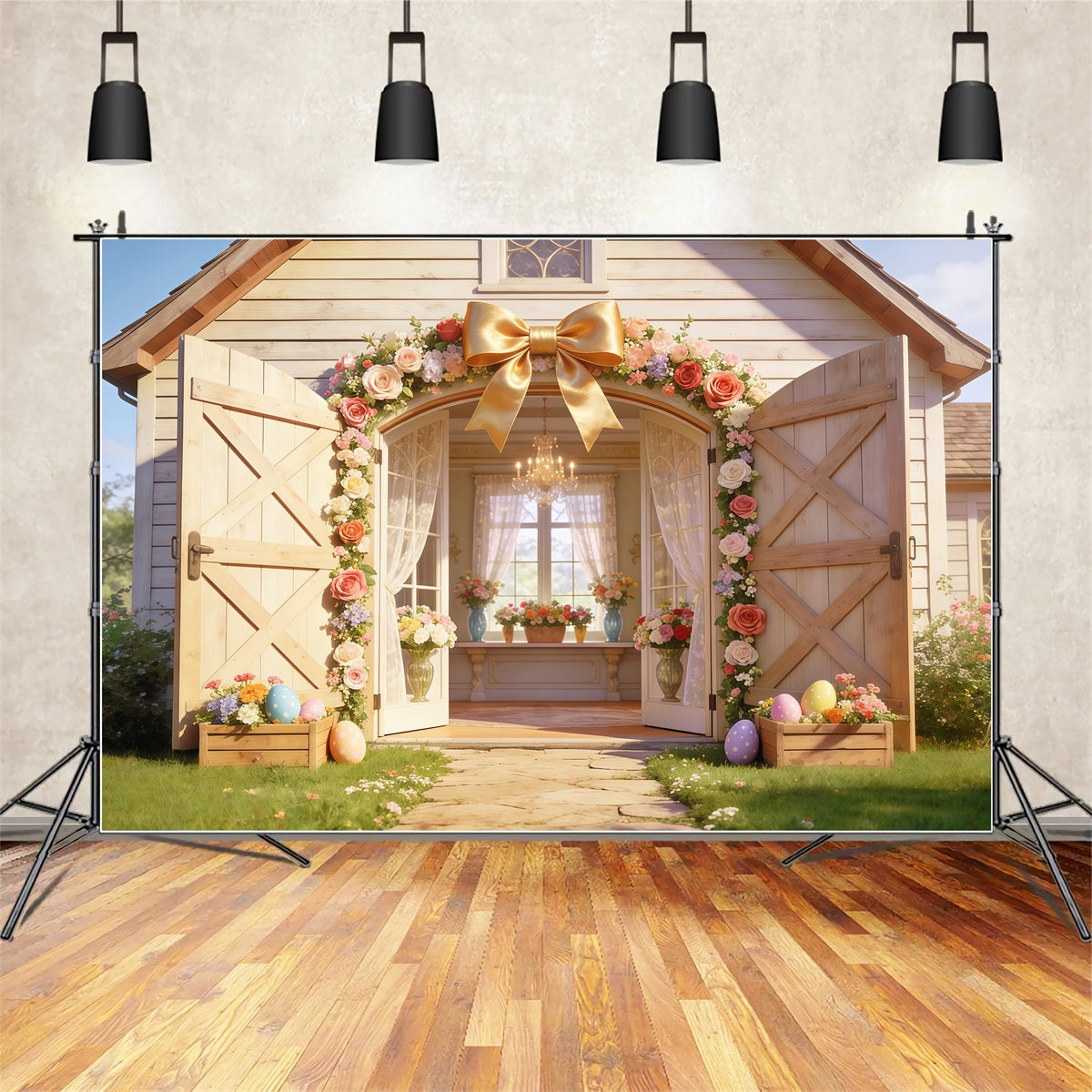 Easter Cottage Garden Backdrop Rustic Barn Flower Arch Open Doors Backdrops Easter UK CSH63-28