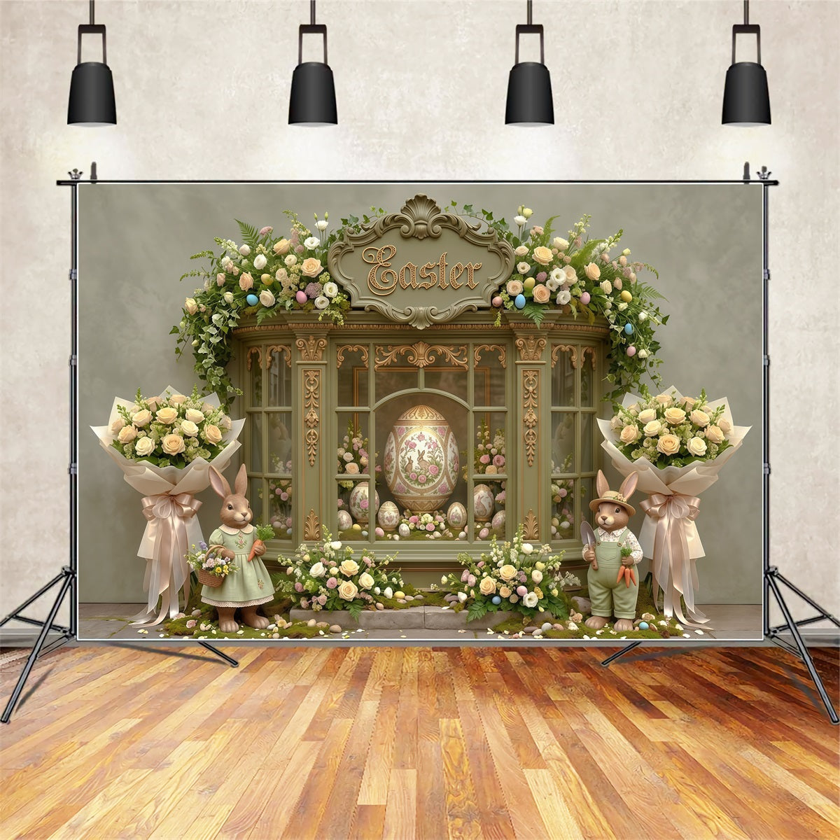 Easter Spring Floral Wreath Backdrop Ornate Egg Floral Window Easter Themed Backdrop UK CSH63-31