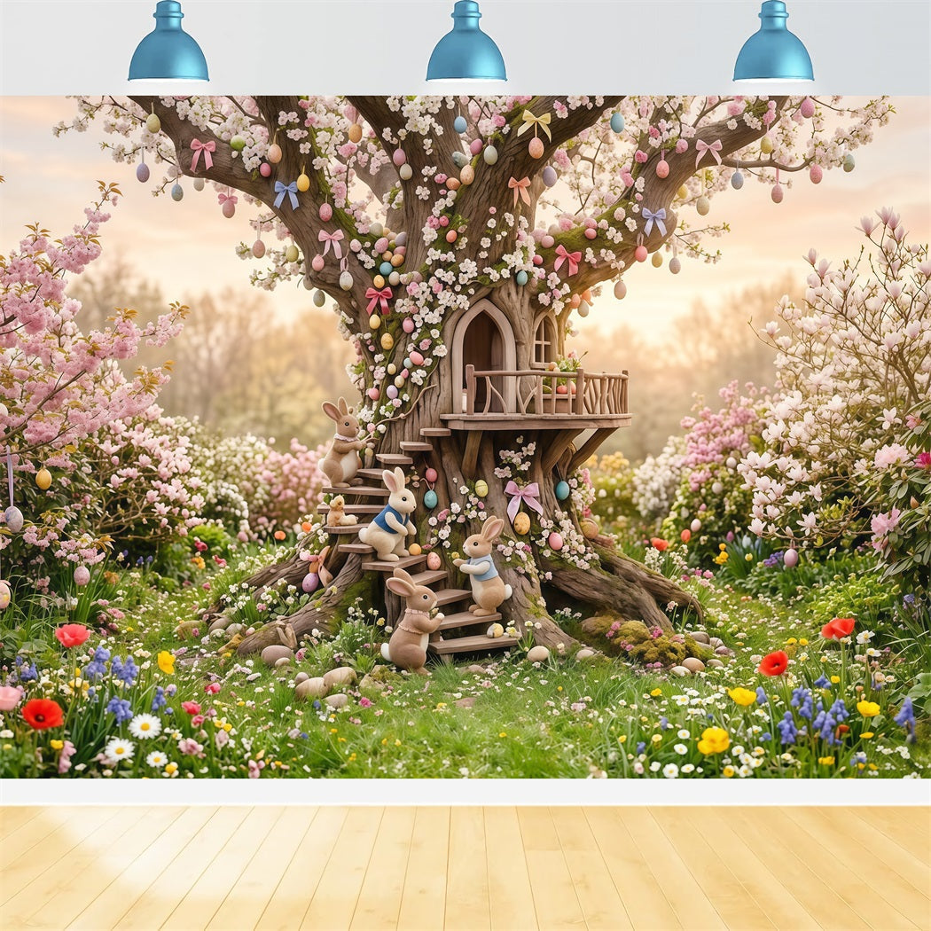 Easter Cherry Blossom Backdrop Fantasy Tree Bunny Treehouse Outdoor Easter Backdrops UK CSH63-49