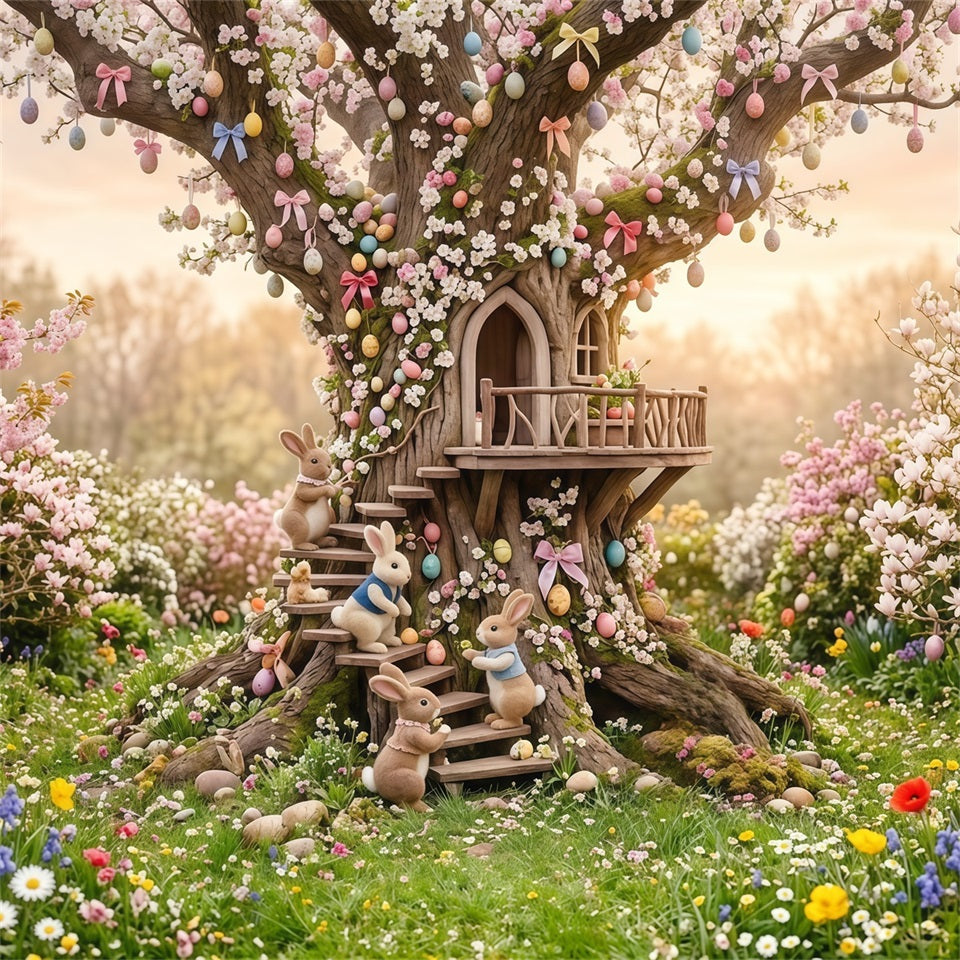 Easter Cherry Blossom Backdrop Fantasy Tree Bunny Treehouse Outdoor Easter Backdrops UK CSH63-49