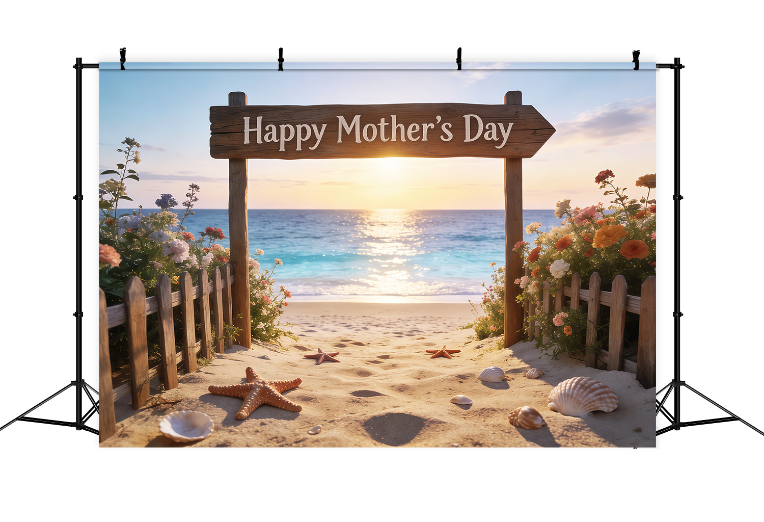 Mother’s Day Lettering Backdrop Sunset Beach Sign Floral Mother's Day Photo Backdrop UK CSH63-66