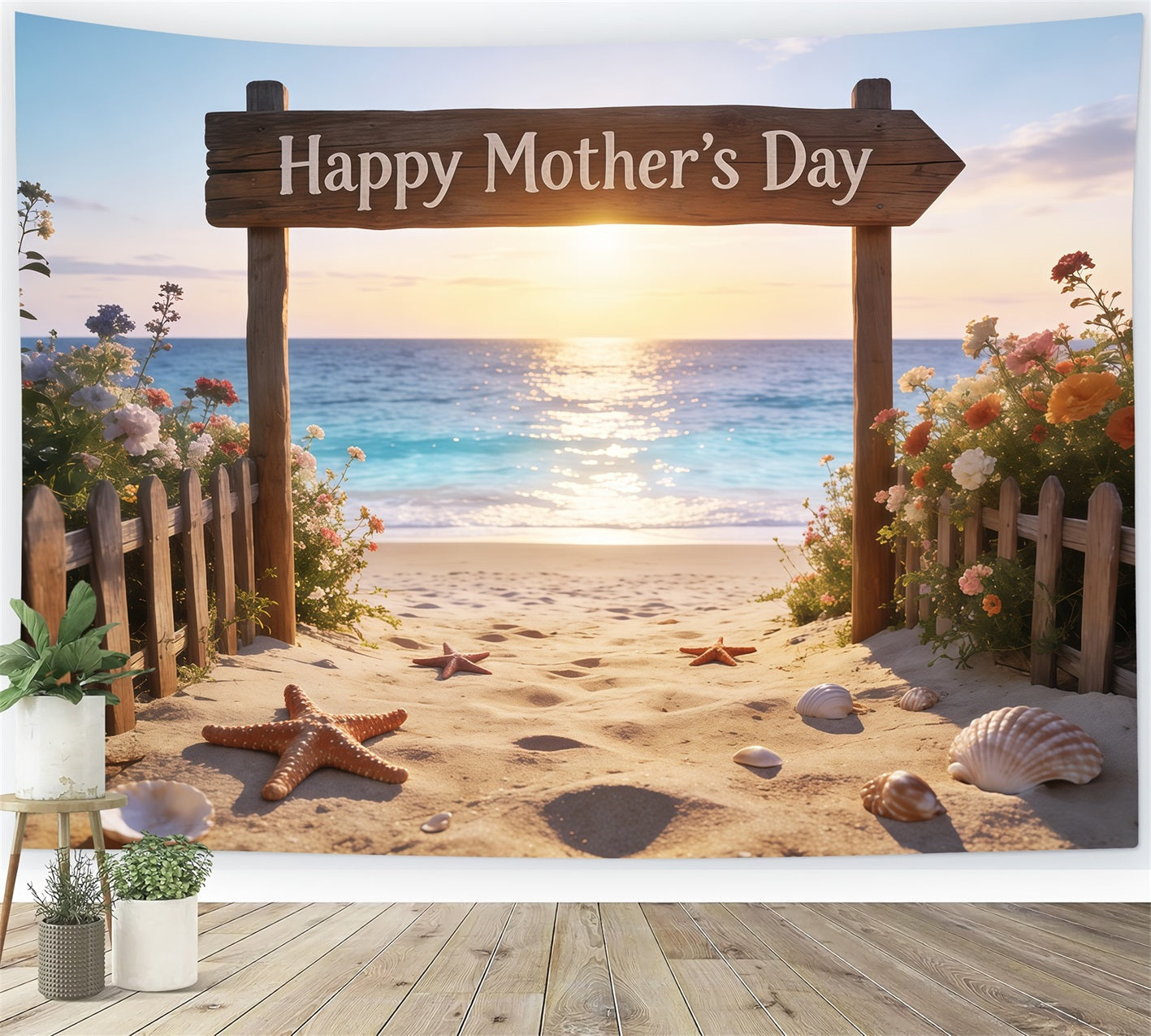 Mother’s Day Lettering Backdrop Sunset Beach Sign Floral Mother's Day Photo Backdrop UK CSH63-66