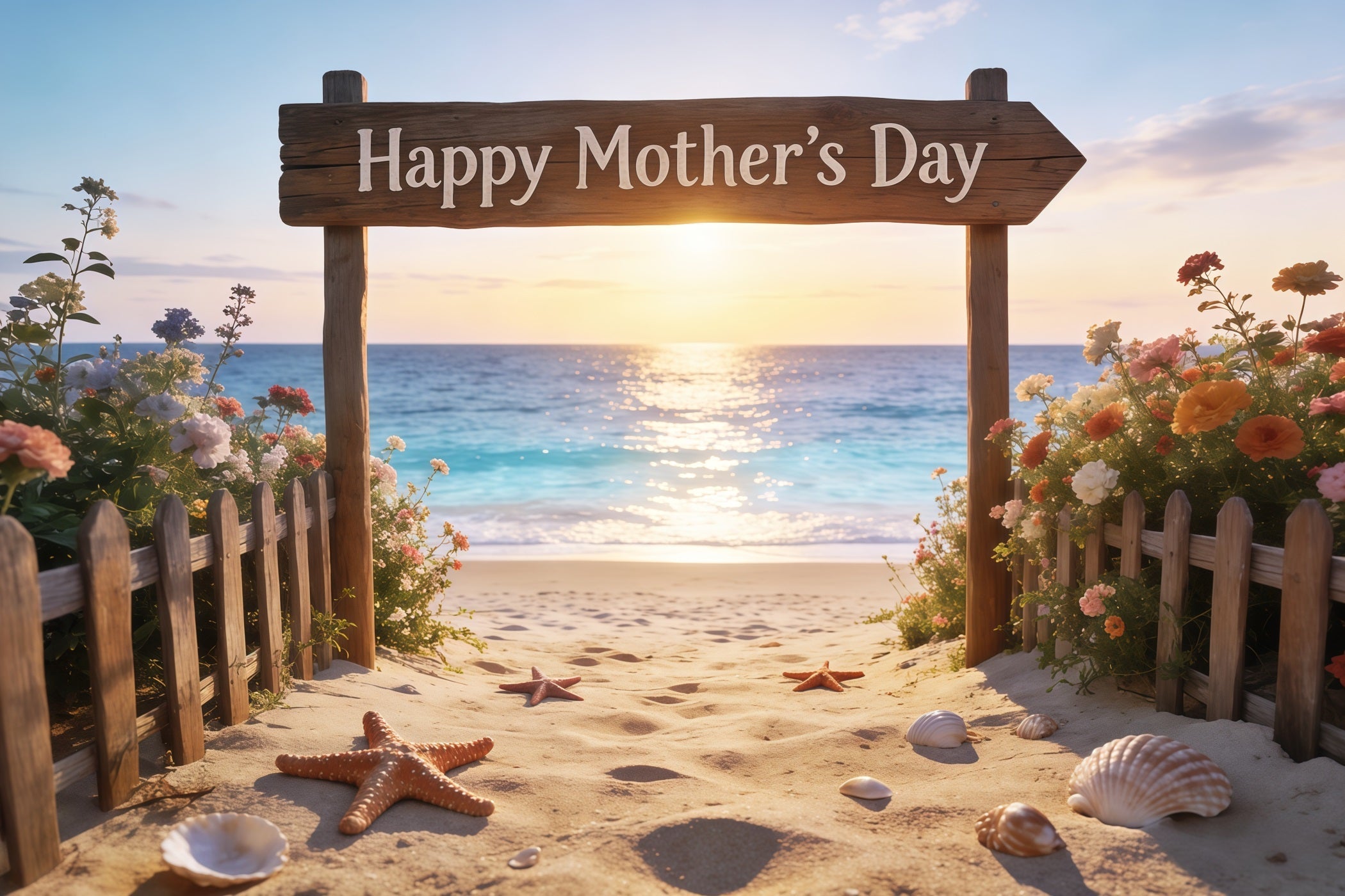Mother’s Day Lettering Backdrop Sunset Beach Sign Floral Mother's Day Photo Backdrop UK CSH63-66