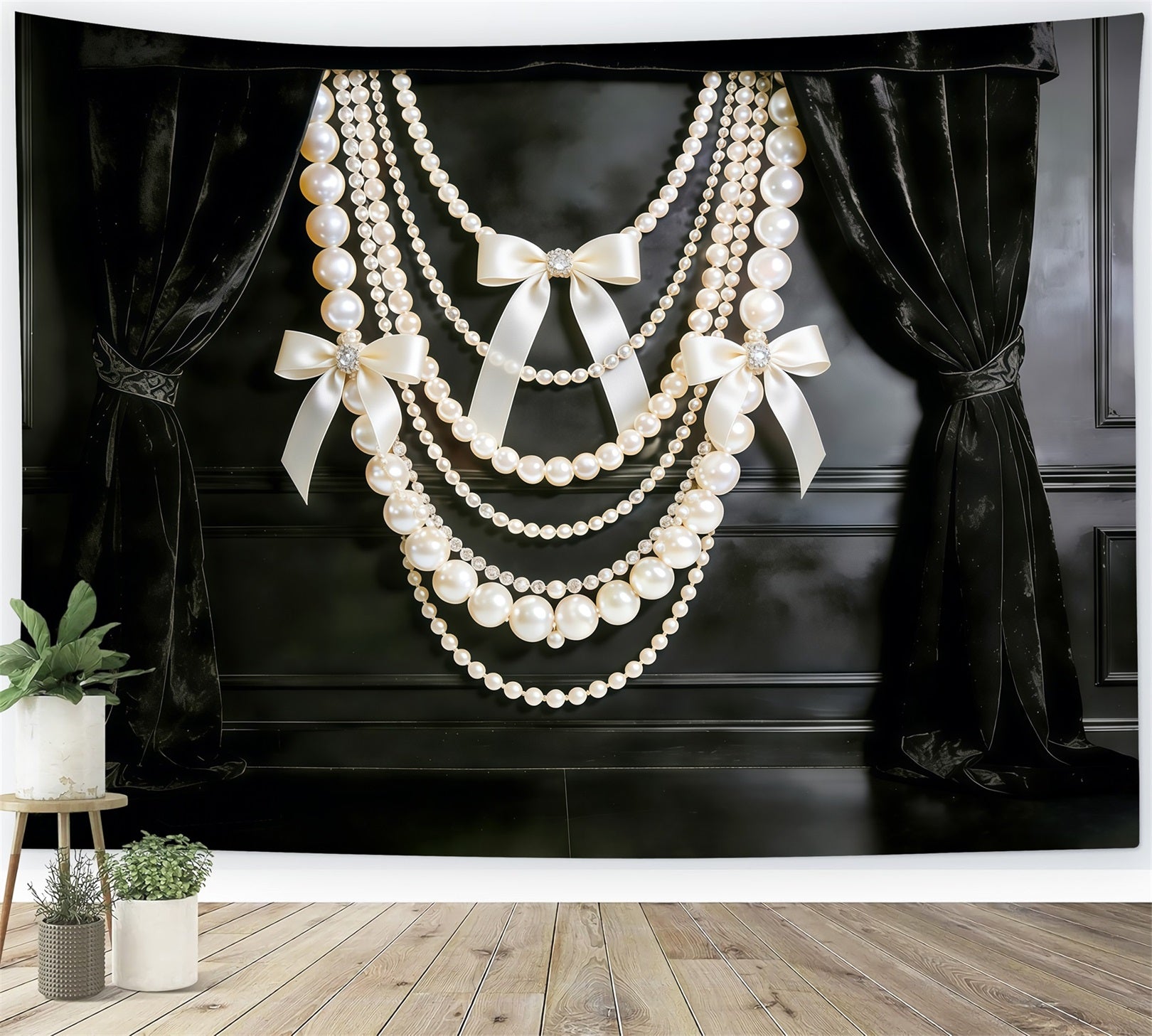 Ribbon Bow Mother's Day Backdrop Black Velvet Pearl Bow Drapes Mother's Day Backdrops UK CSH63-71