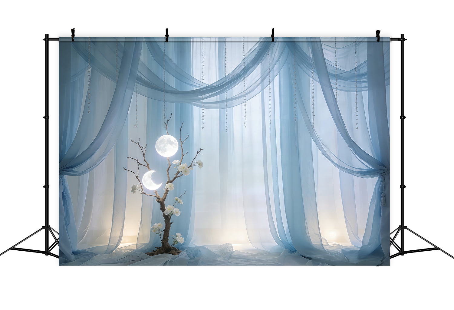 Sheer Curtains Mother's Day Backdrop Sky Blue Moonlit Draped Tree Mothers Day Backdrops UK CSH63-76