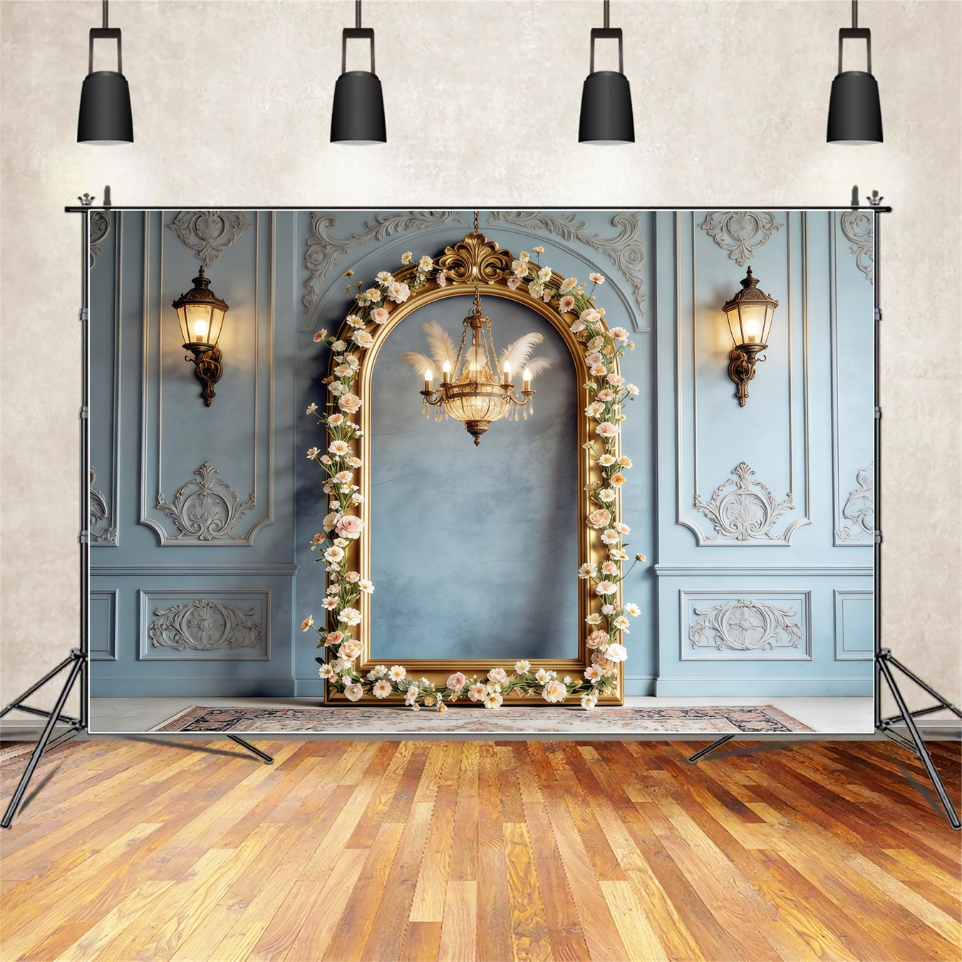Photo Frame Mother's Day Backdrop Powder Blue Floral Arch Chandelier Mothers Day Photo Backdrop UK CSH63-78