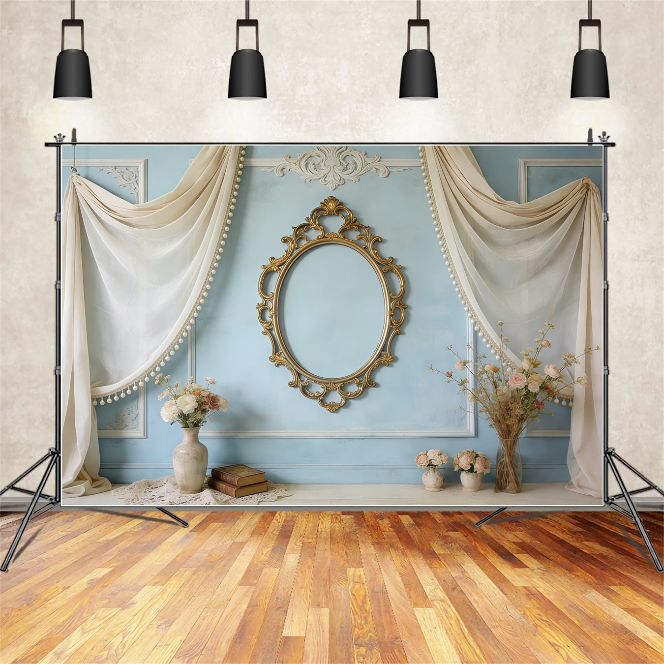Photo Frame Mother's Day Backdrop Vintage Blue Mirror Floral Drapes Mothers Day Photo Backdrop UK CSH63-80