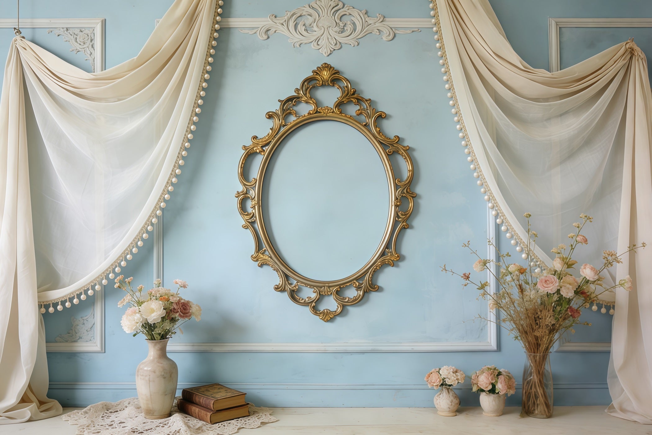 Photo Frame Mother's Day Backdrop Vintage Blue Mirror Floral Drapes Mothers Day Photo Backdrop UK CSH63-80