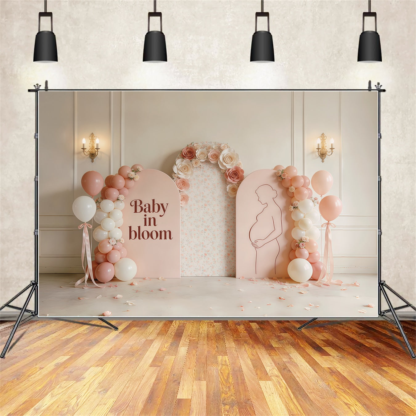 Mother Daughter Silhouette Mother's Day Backdrop Blush Floral Balloon Arch Mother Day Backdrop UK CSH63-82