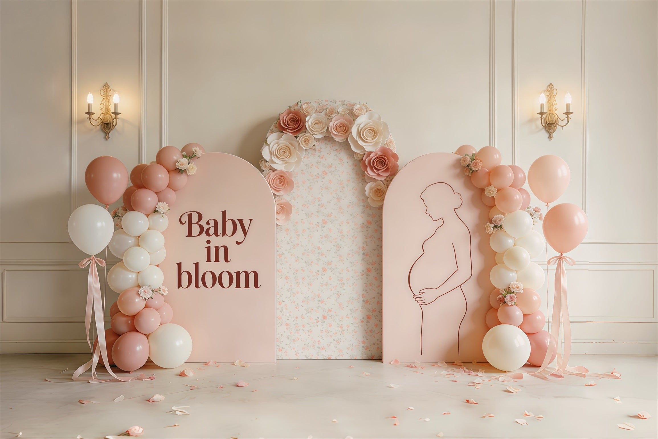 Mother Daughter Silhouette Mother's Day Backdrop Blush Floral Balloon Arch Mother Day Backdrop UK CSH63-82
