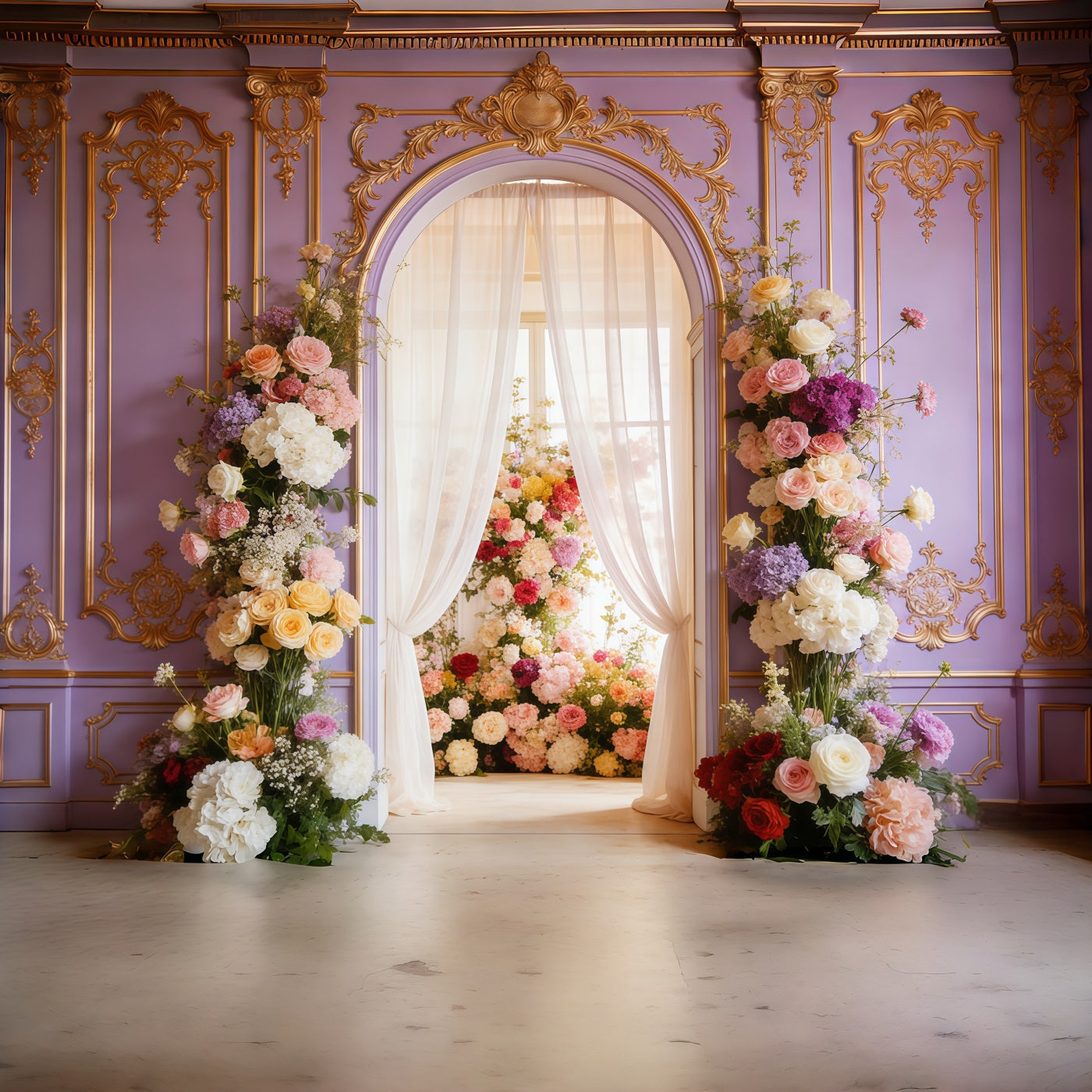 Rococo Floral Mother's Day Backdrop Lavender Palace Bloom Archway Mother's Day Photoshoot Backdrop UK CSH63-88