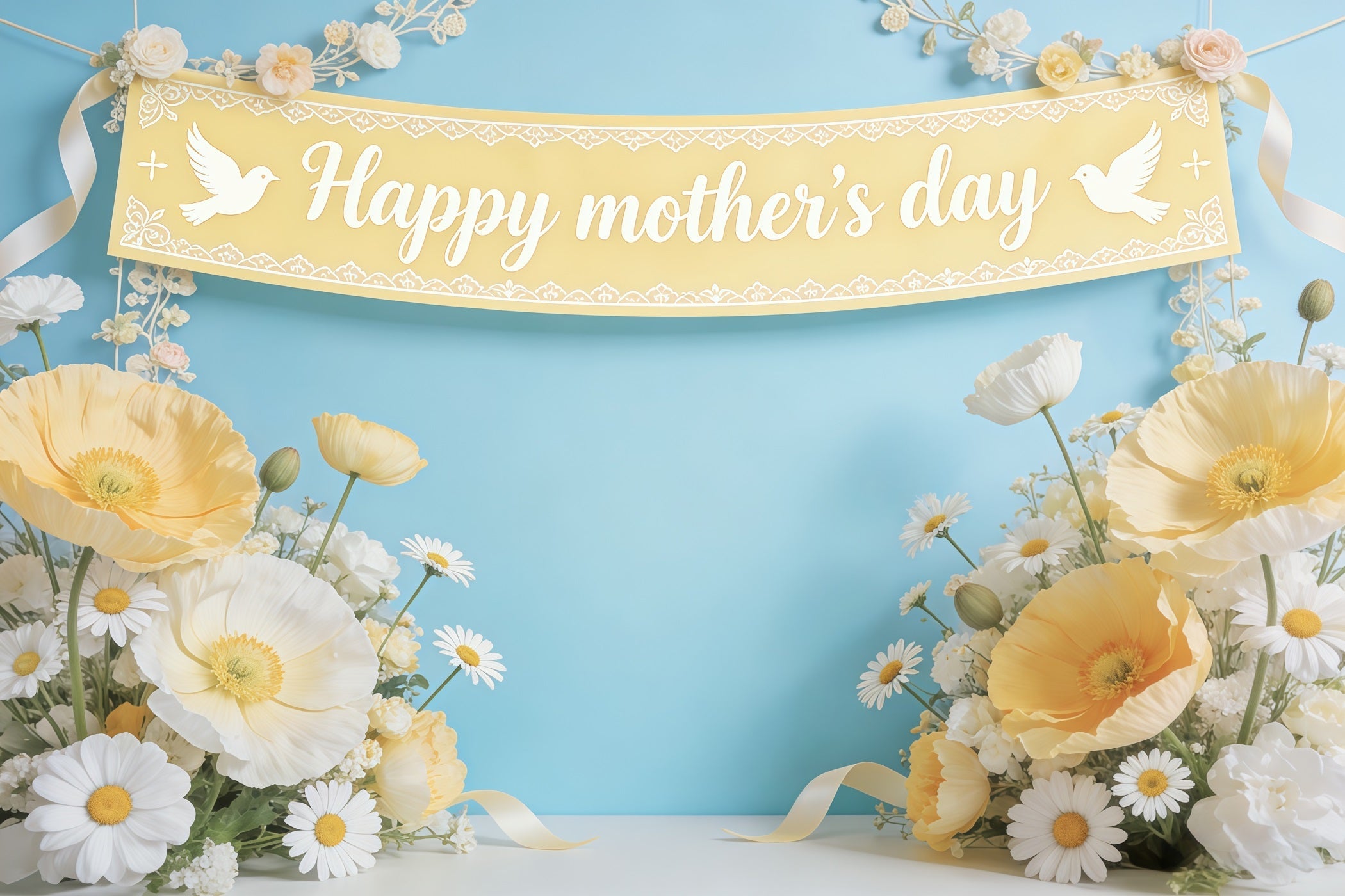 Mother's Day Backdrop For Church Blue Daisy Poppy Banner Photo Backdrops For Mothers Day UK CSH63-91