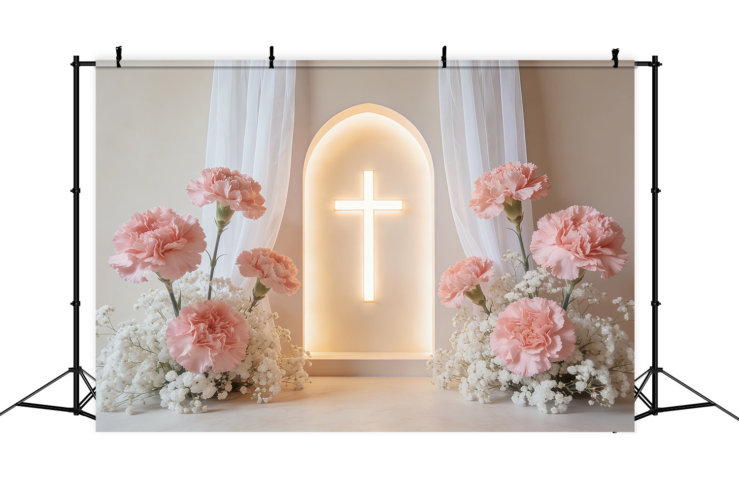 Mothers Day Backdrop For Church Glowing Carnation Cross Arch Backdrop Mother's Day UK CSH63-93