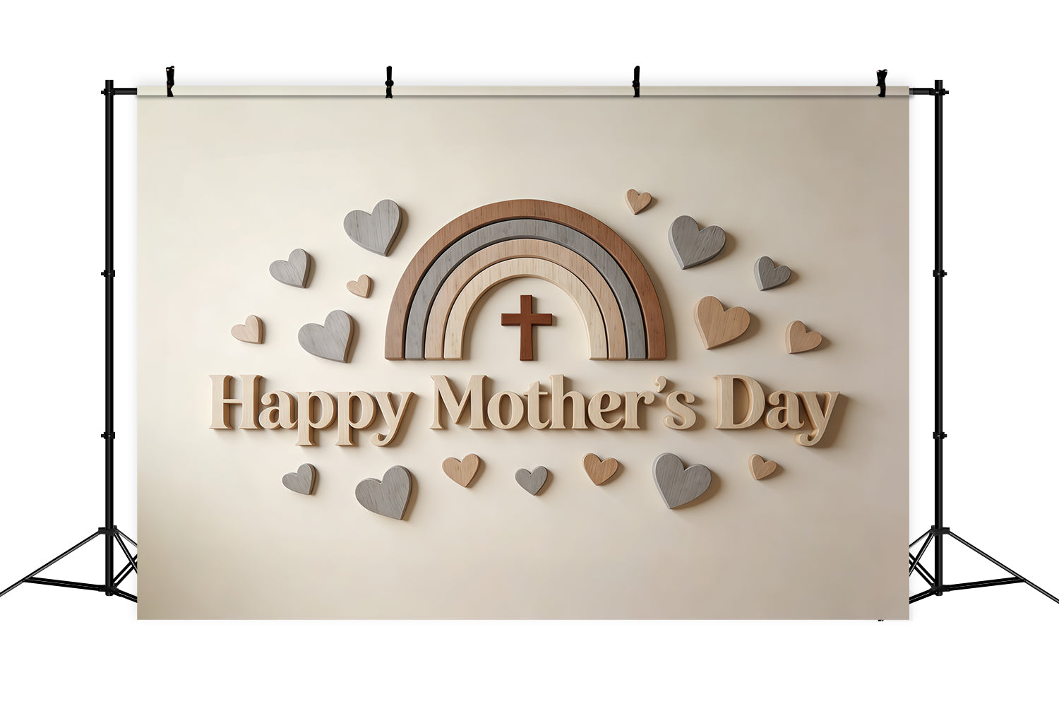 Church Mother's Day Backdrop Ideas Neutral Wooden Rainbow Hearts Backdrop For Mothers Day UK CSH63-94