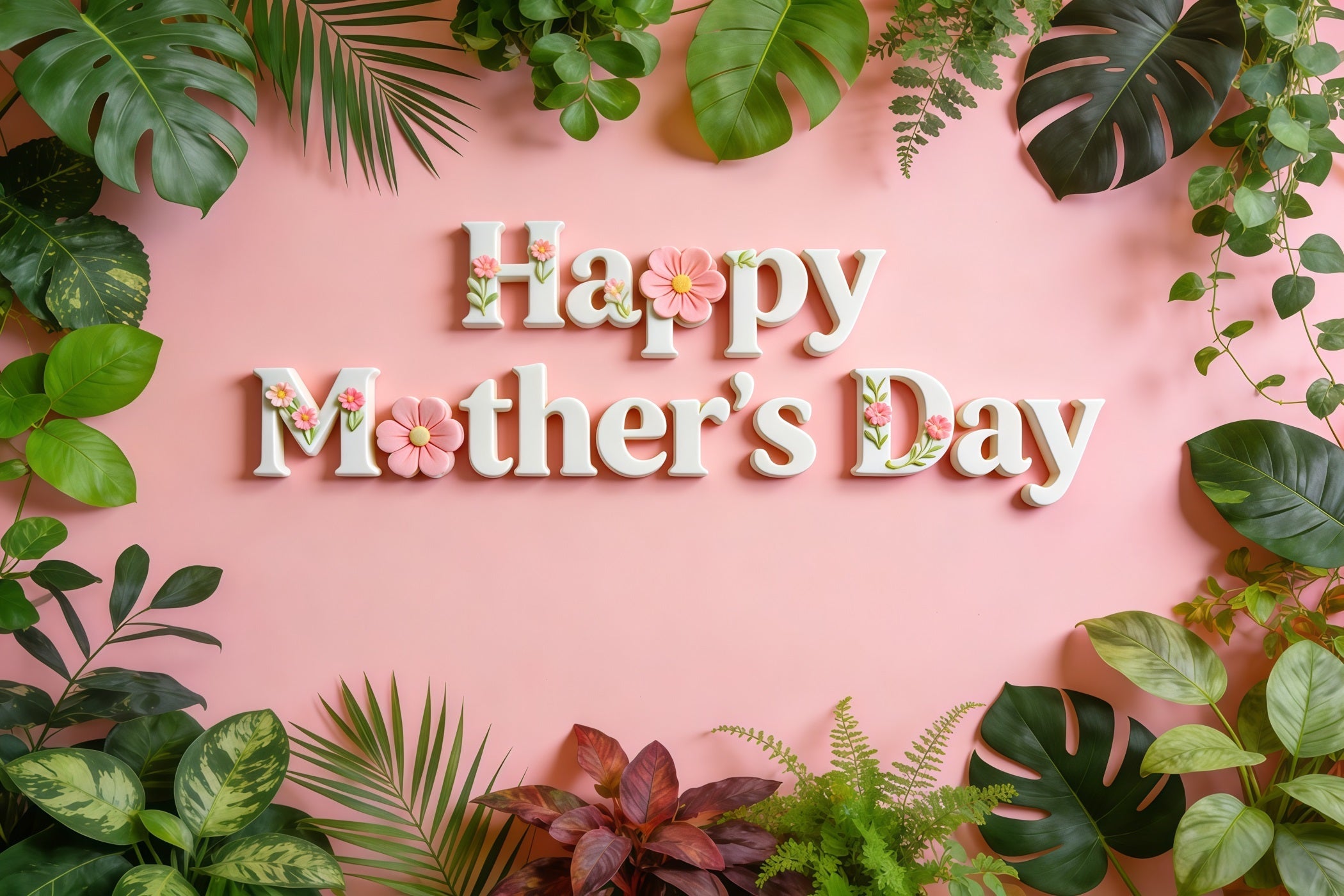 Church Mother's Day Backdrop Ideas Pink Tropical Leaves Floral Lettering Backdrop For Mothers Day UK CSH63-95