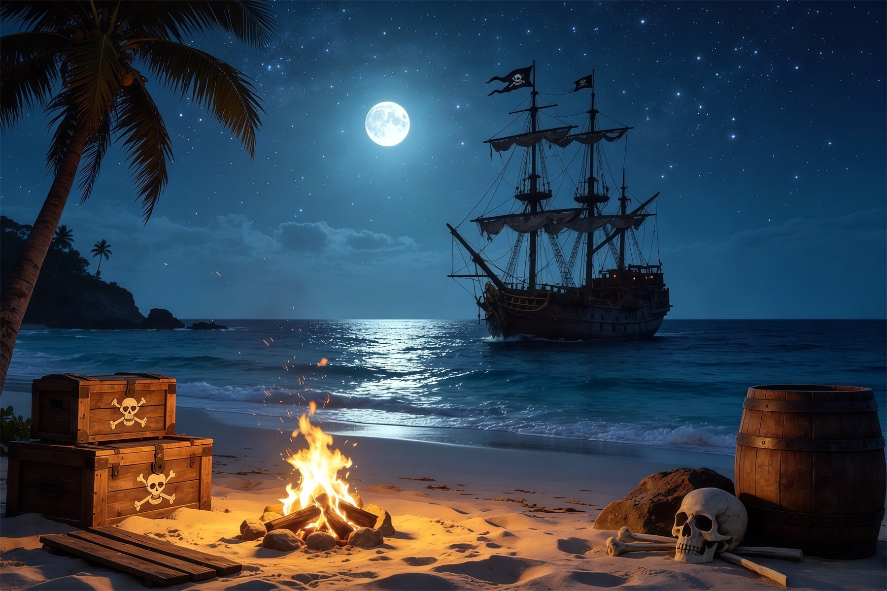 Caribbean Backdrop Tropical Pirate Beach Bonfire Treasure Summer Backdrops UK CSH64-79