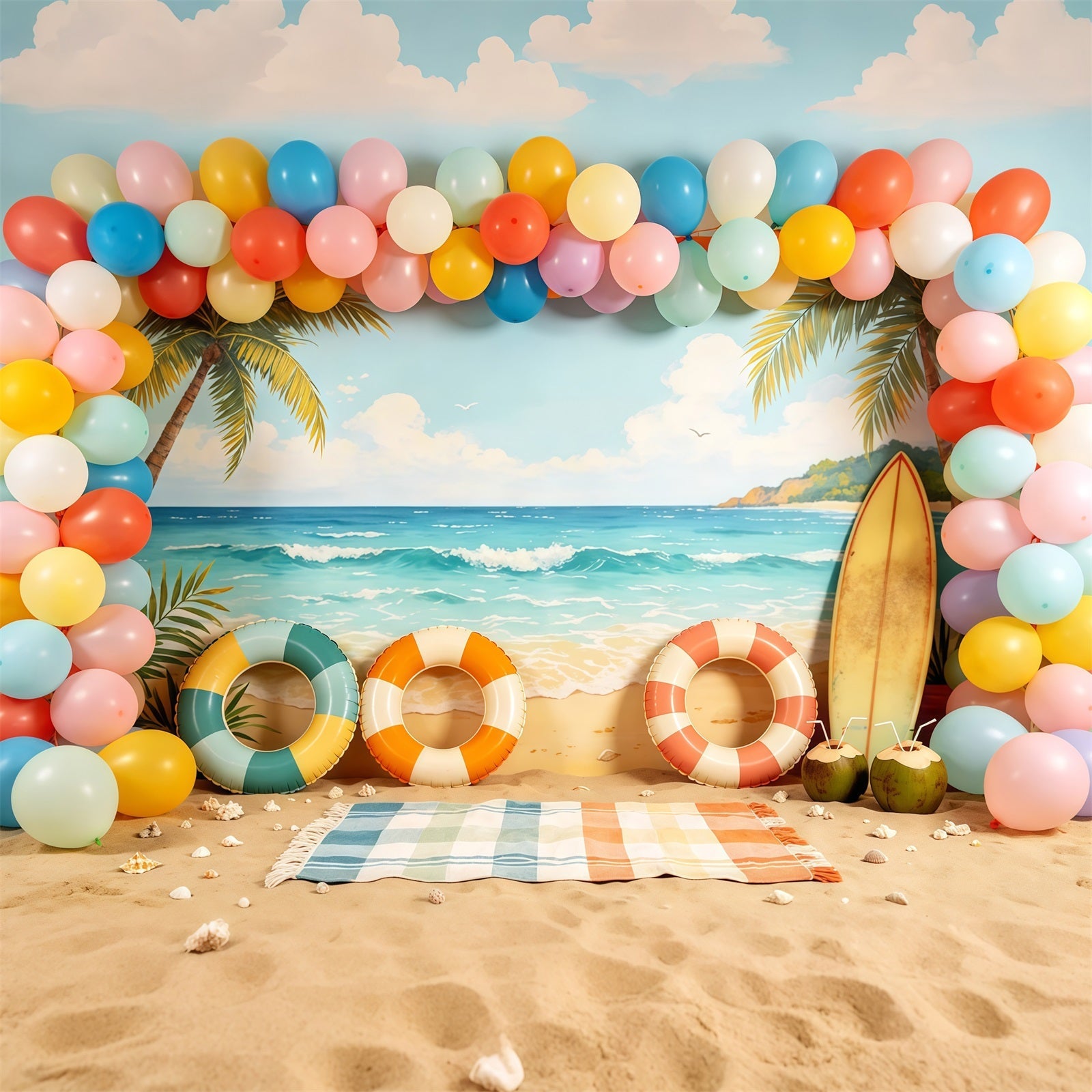 Beach Backdrop Pastel Balloon Arch Surfboard Summer Backdrop Ideas UK CSH64-84