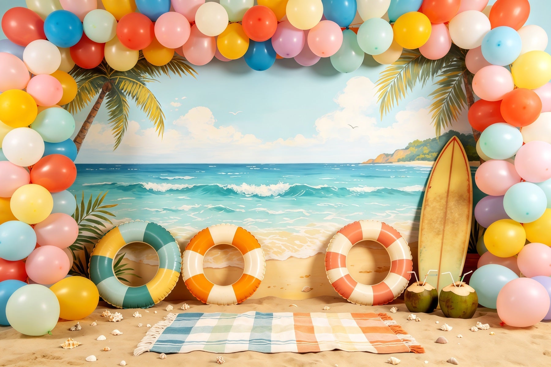 Beach Backdrop Pastel Balloon Arch Surfboard Summer Backdrop Ideas UK CSH64-84