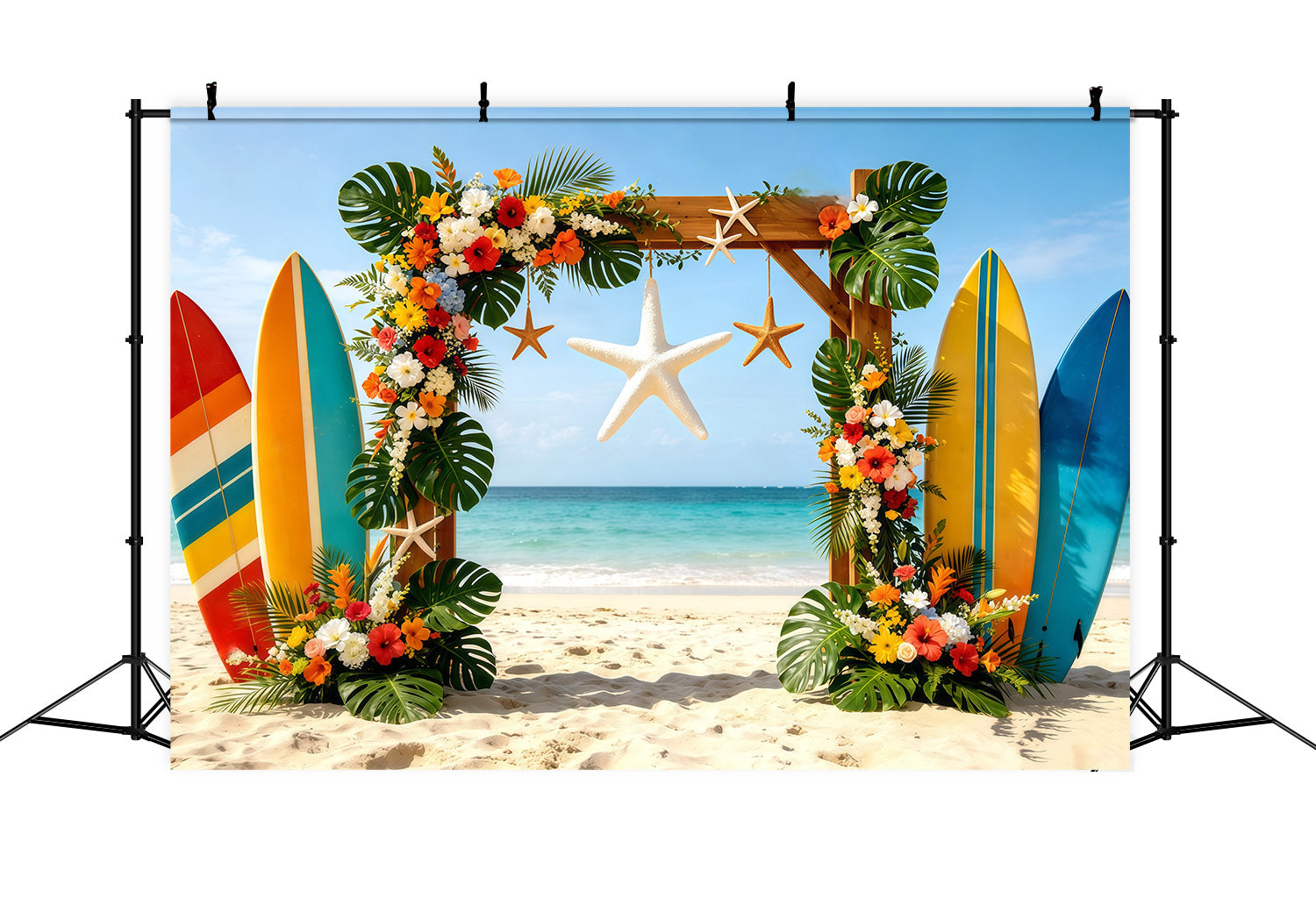 Beach Backdrop Tropical Surfboard Floral Starfish Arch Summer Photo Backdrop UK CSH64-86