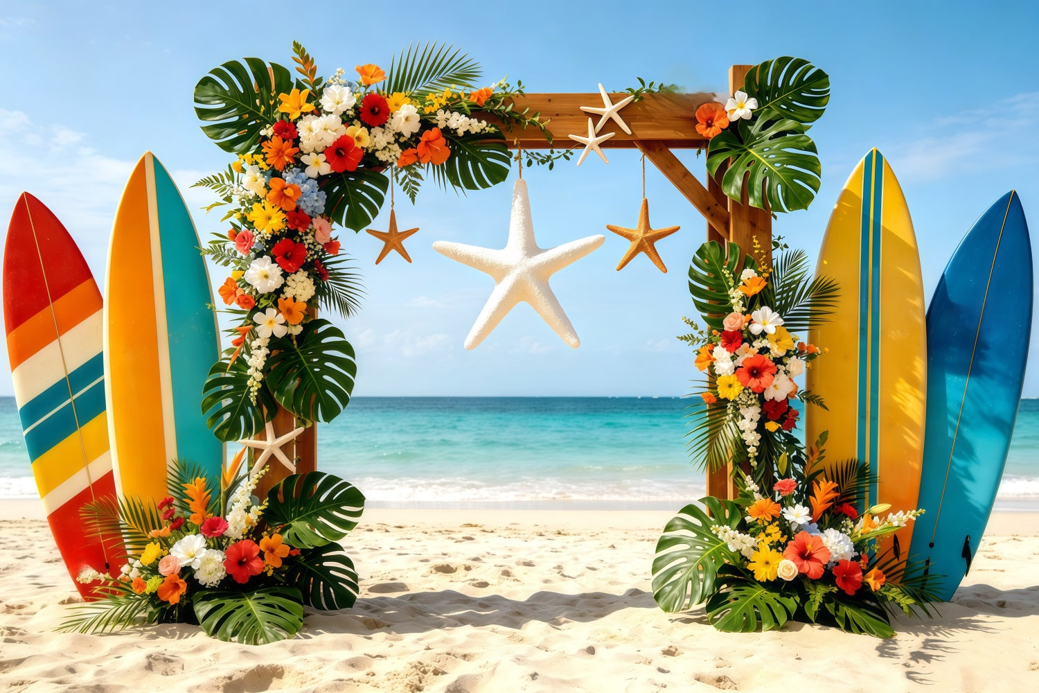 Beach Backdrop Tropical Surfboard Floral Starfish Arch Summer Photo Backdrop UK CSH64-86