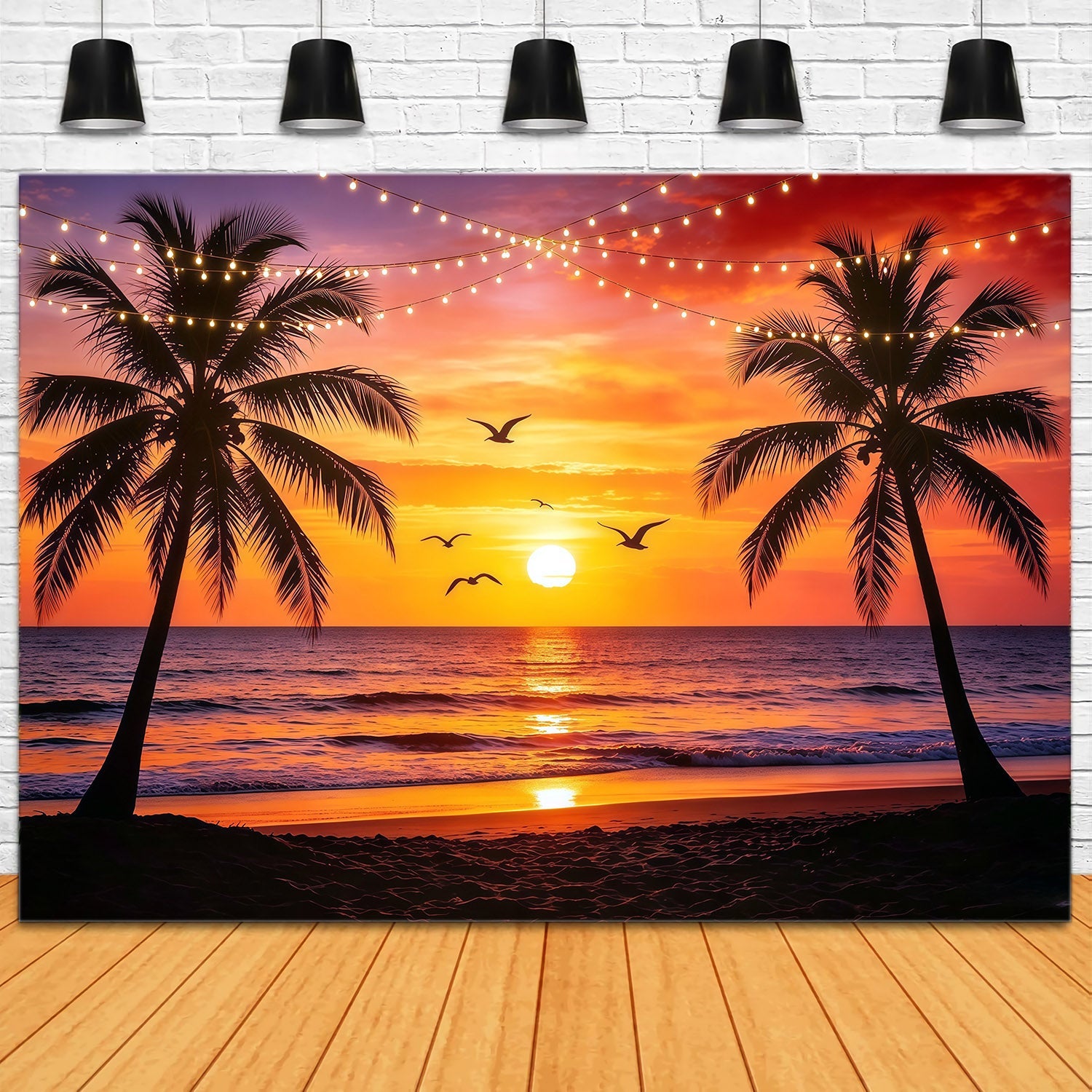Beach Backdrop Sunset Palm String Light Sea Beach Backdrop For Photos UK CSH64-87