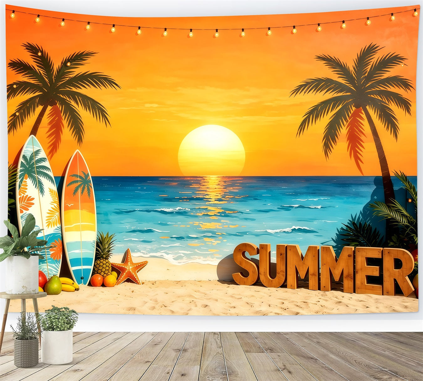Beach Backdrop Sunset Surfboard Tropical Fruit Beach Summer Photo Backdrop UK CSH64-90