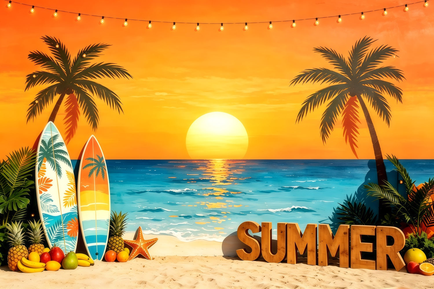 Beach Backdrop Sunset Surfboard Tropical Fruit Beach Summer Photo Backdrop UK CSH64-90