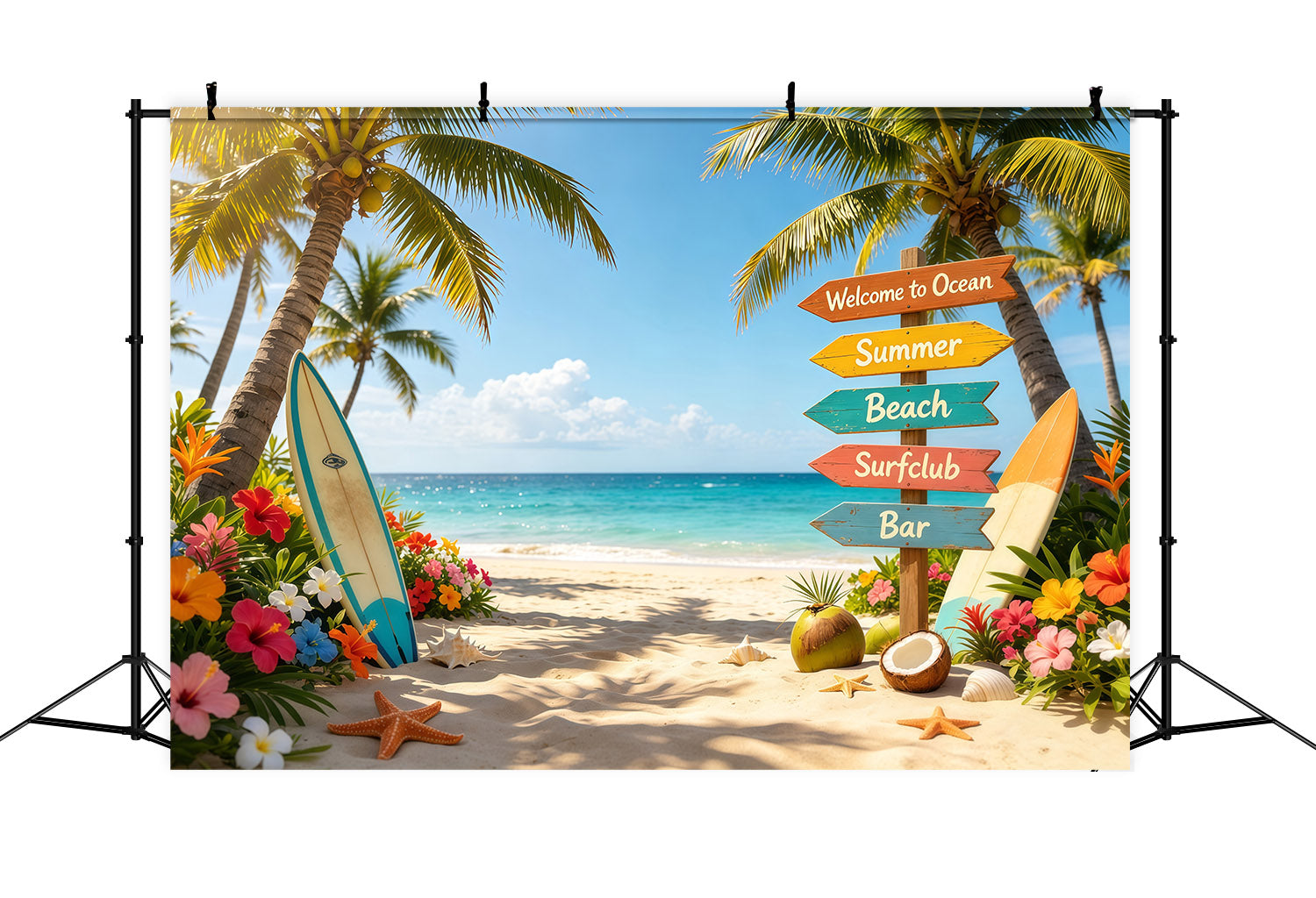 Beach Backdrop Tropical Signpost Surfboard Flower Beach Summer Backdrop Ideas UK CSH64-91