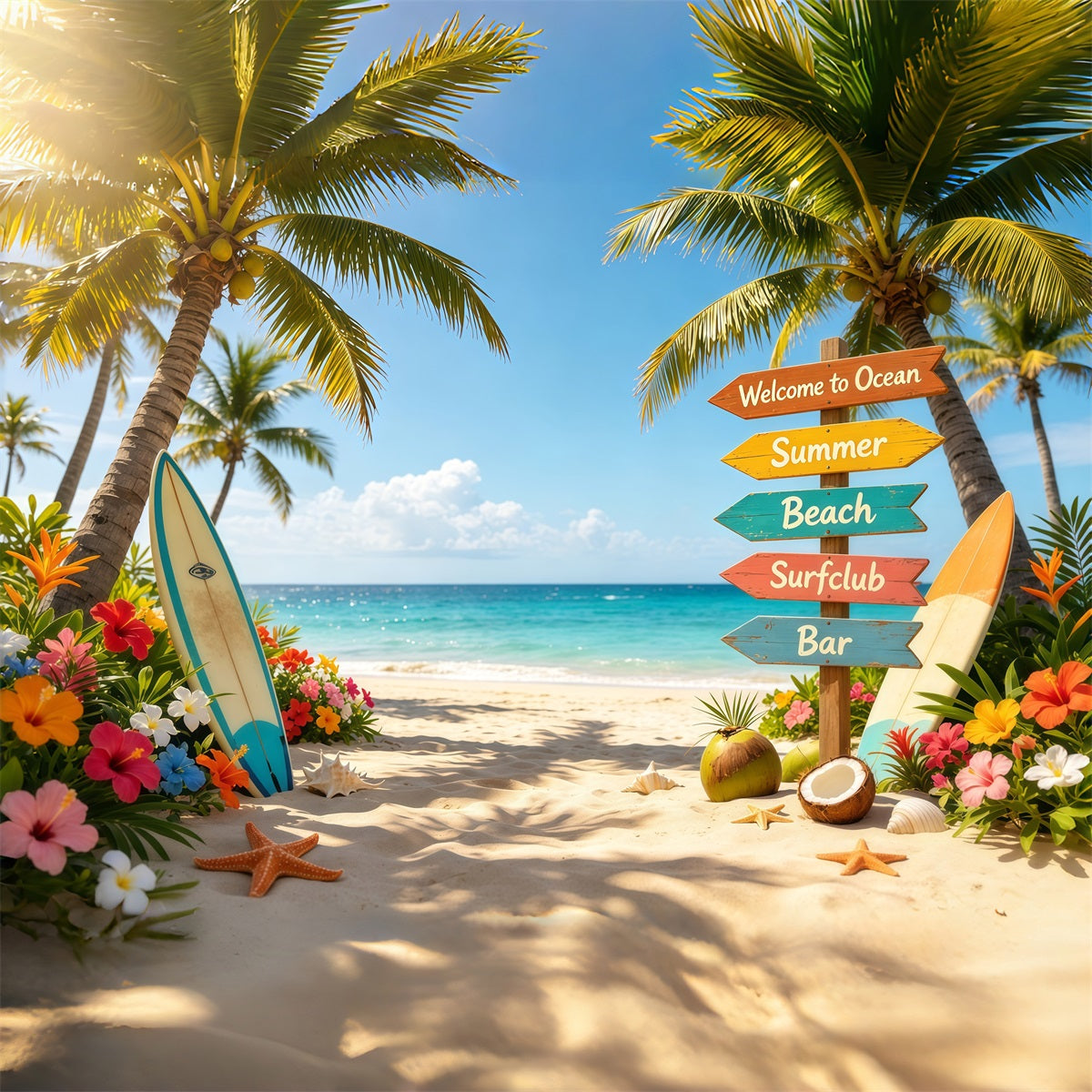 Beach Backdrop Tropical Signpost Surfboard Flower Beach Summer Backdrop Ideas UK CSH64-91