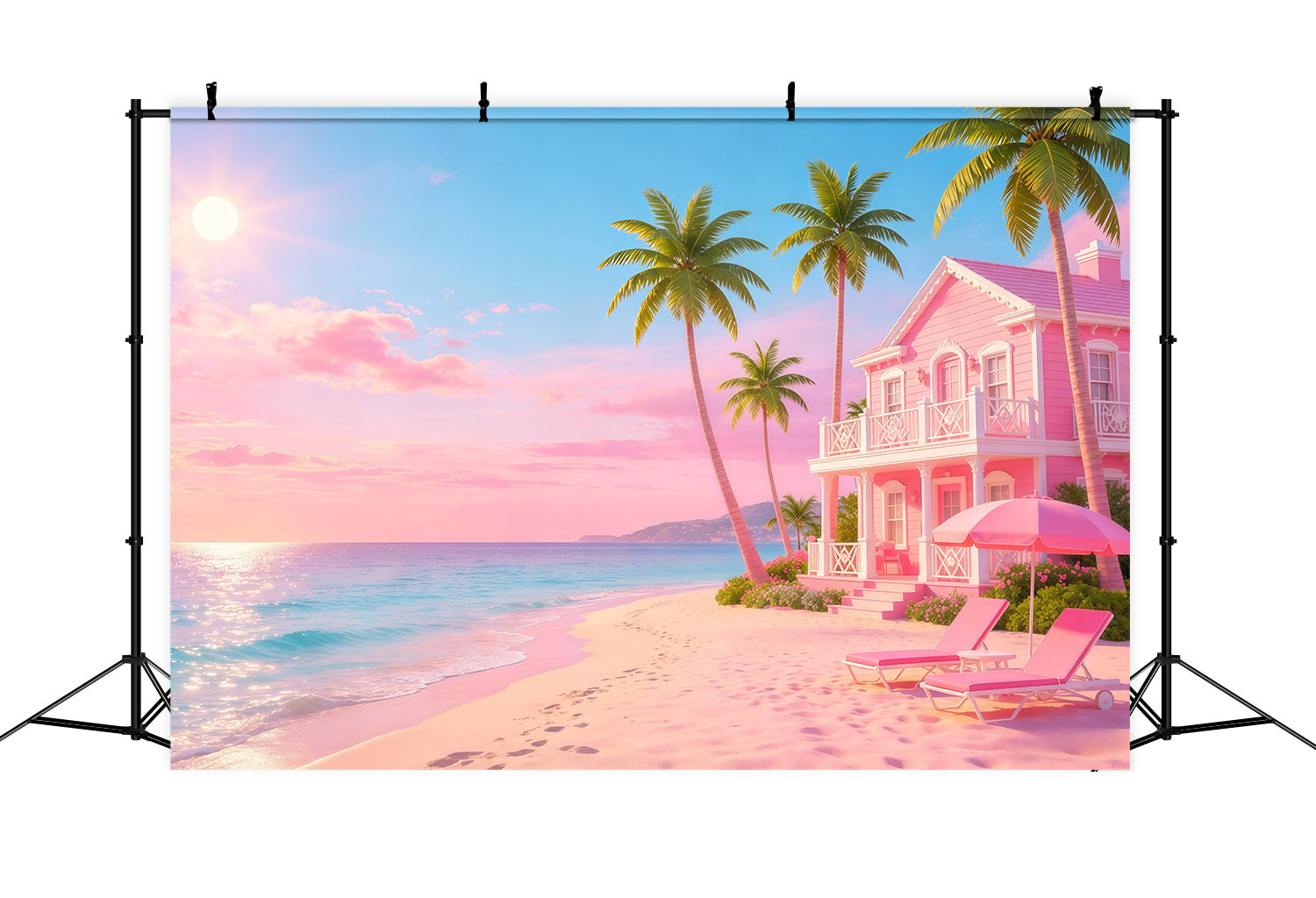 Beach Backdrop Pink Sea House Ocean Escape Beach Photo Backdrop UK CSH64-93
